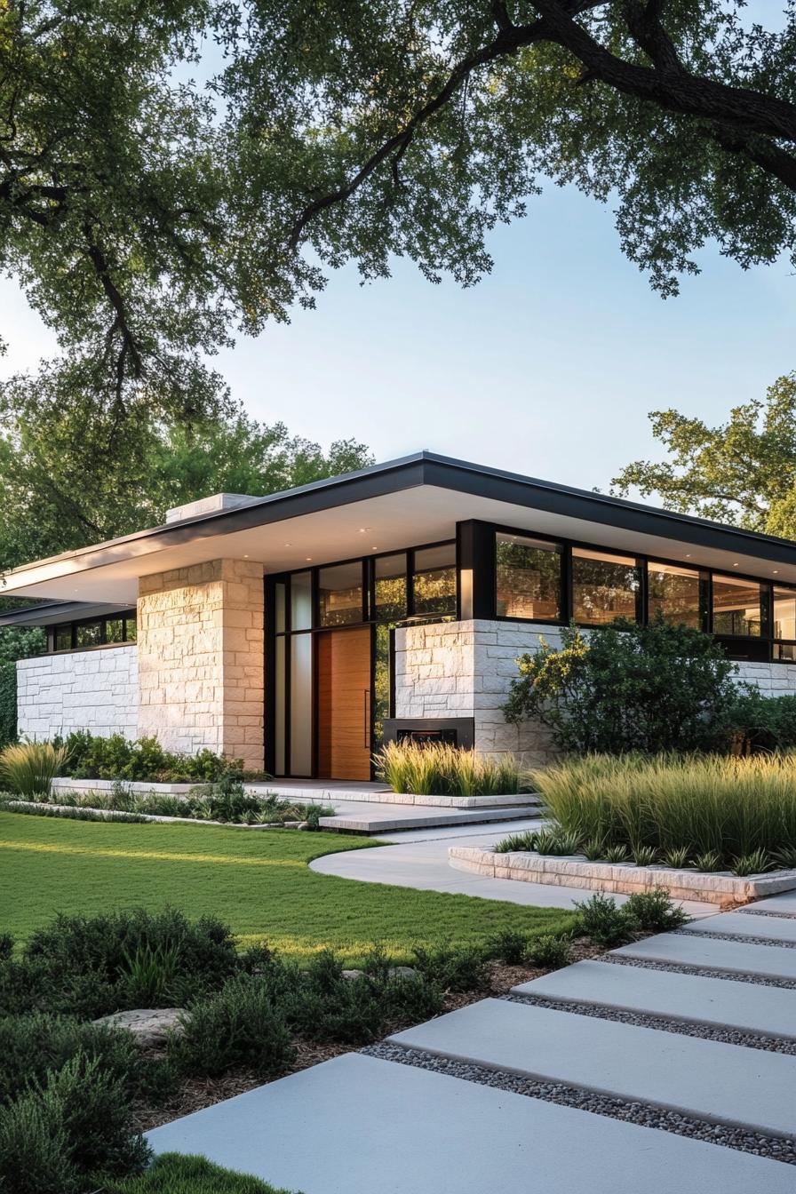 Modern house with stone and glass elements surrounded by lush greenery