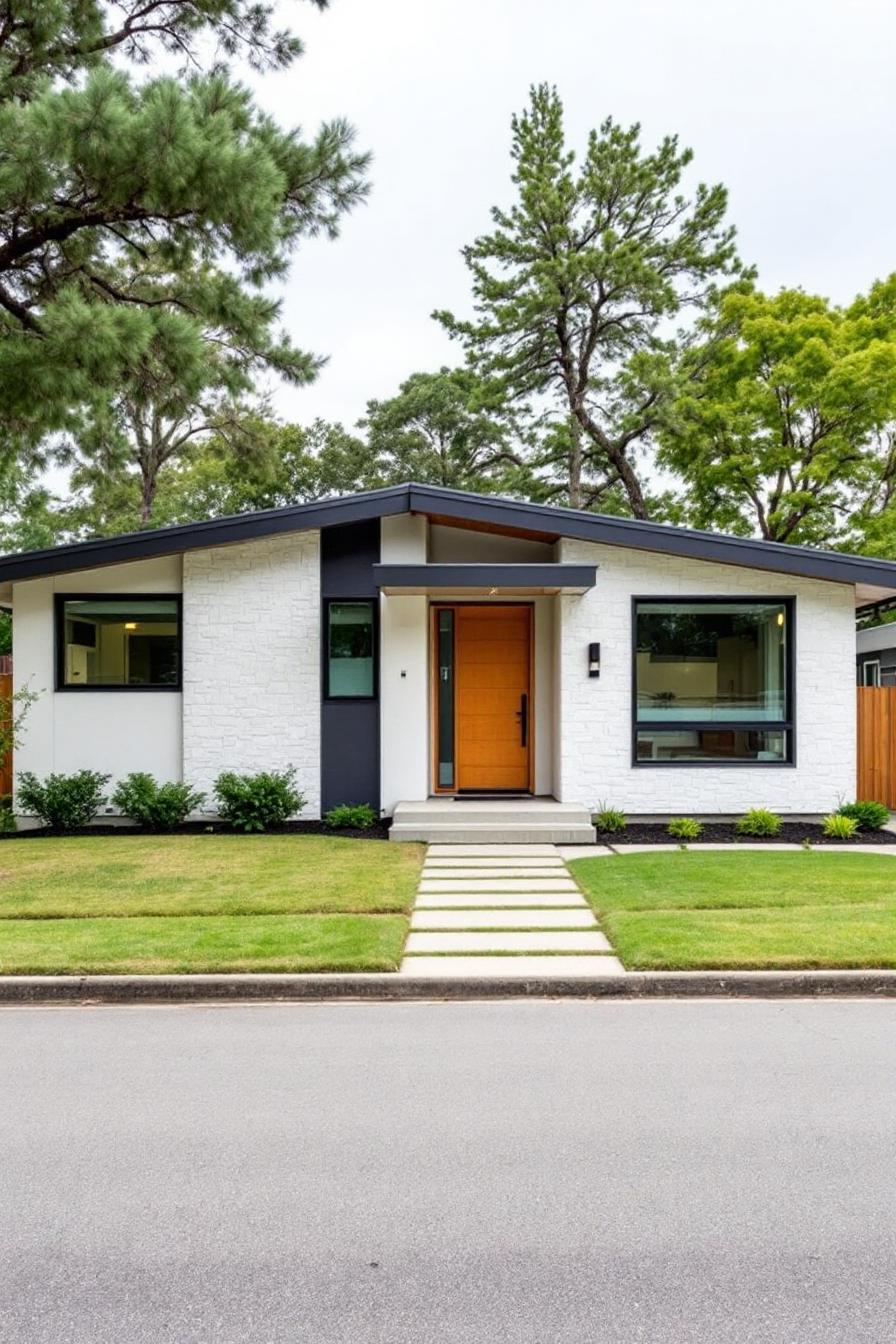 Mid-Century home with orange door and lush greenery