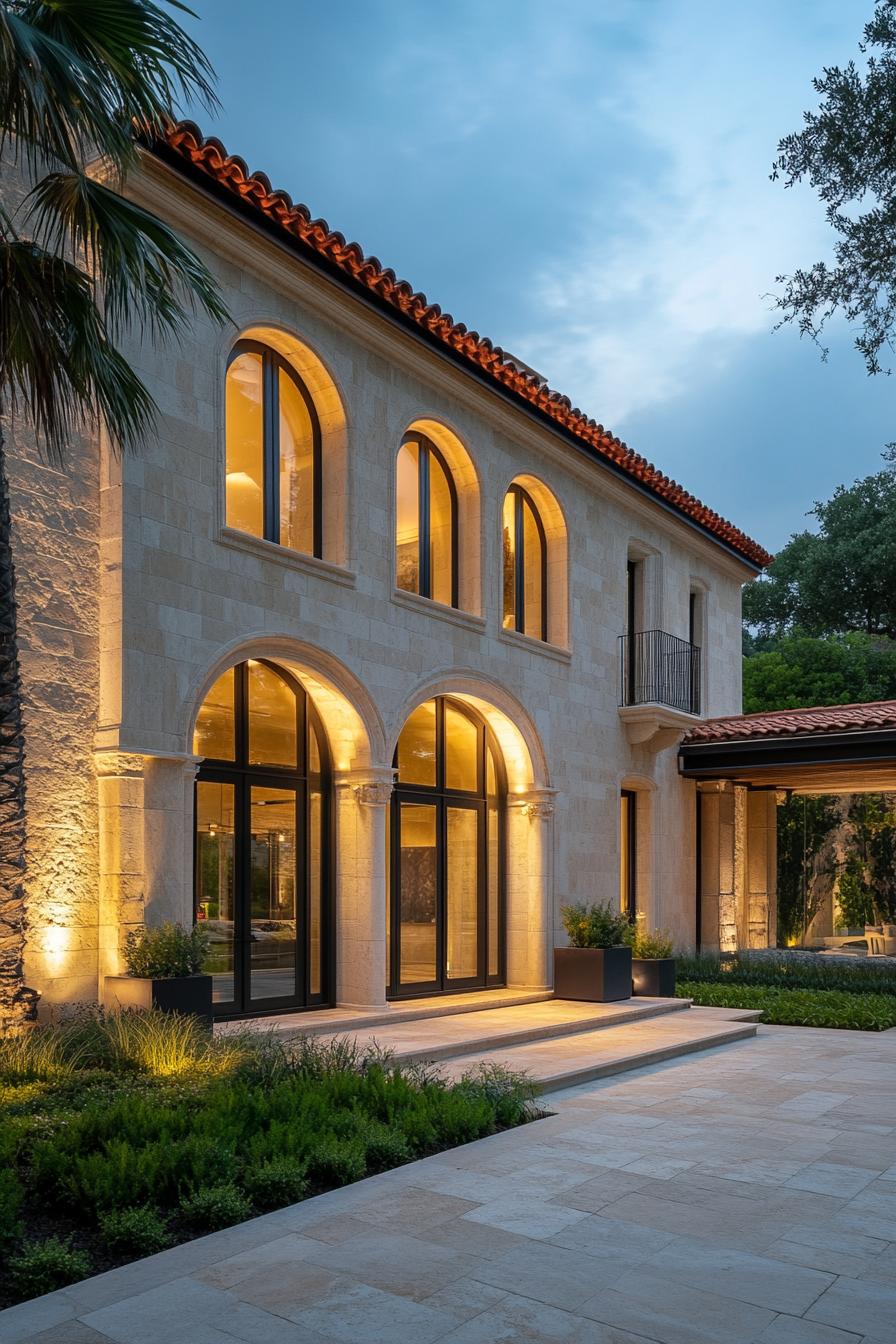 Modern Italian villa with warm lighting and arched windows