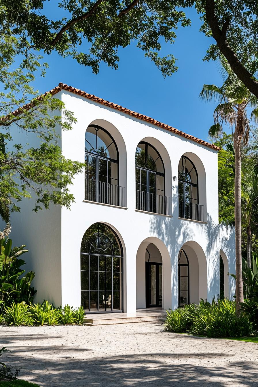 White villa with large arched windows surrounded by greenery