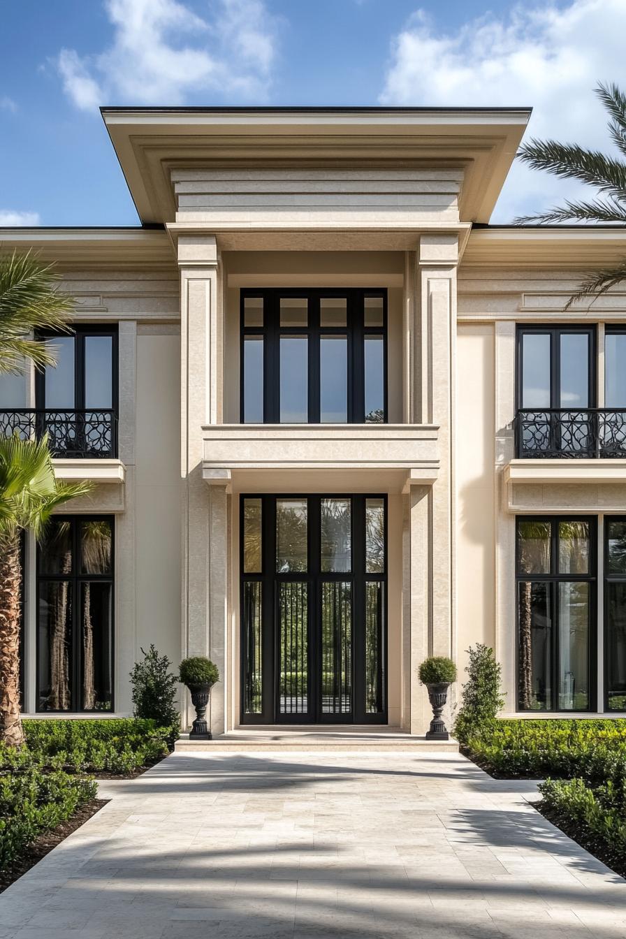 Contemporary villa façade with grand columns and sleek windows