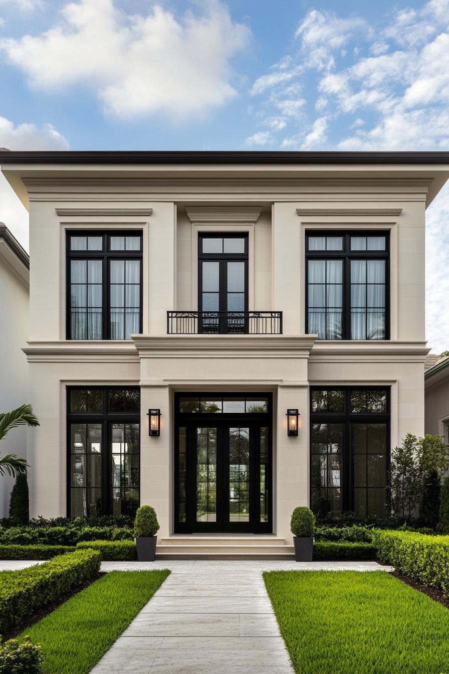 Modern villa with black-framed windows and manicured garden path