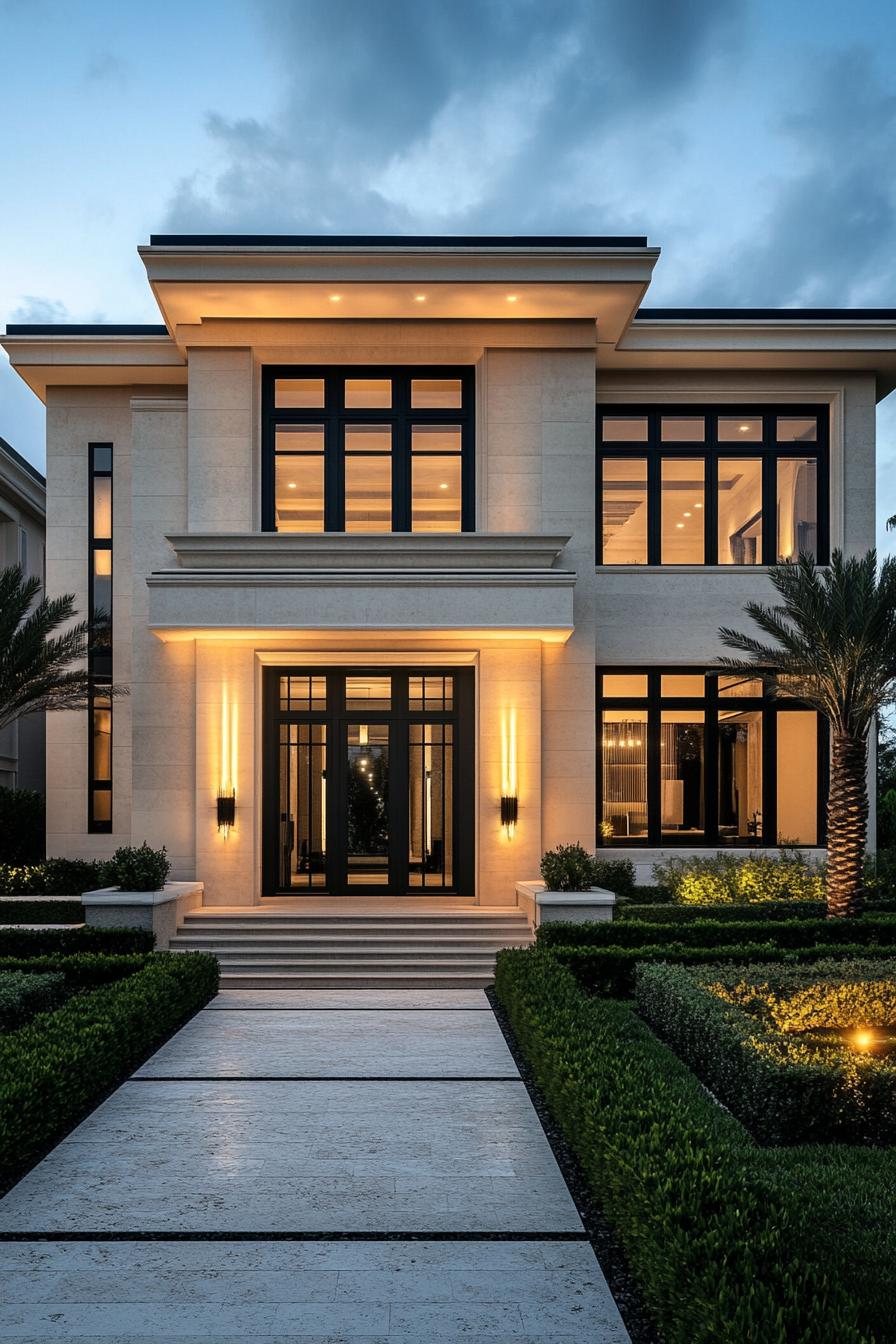 Modern villa with grand entrance lit by warm lights