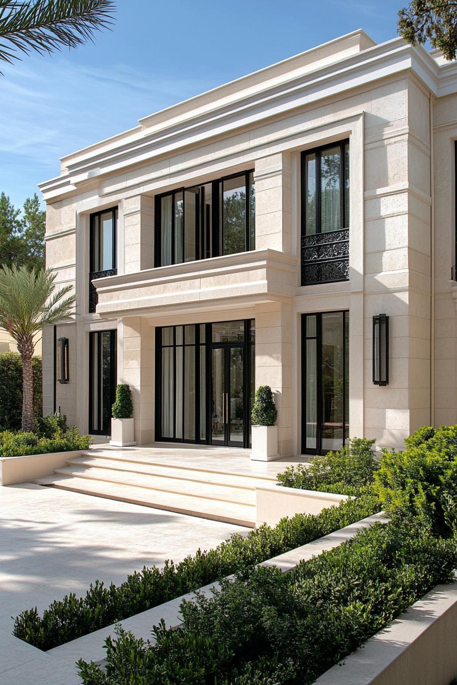 Elegant villa exterior with clean lines and surrounding greenery