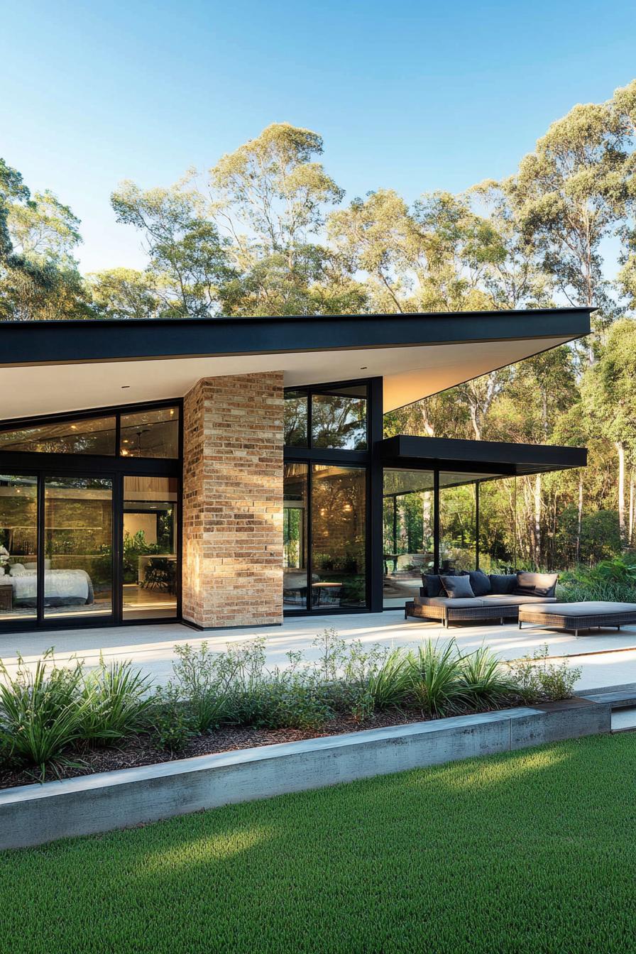 Modern house with slanted roof and brick accents