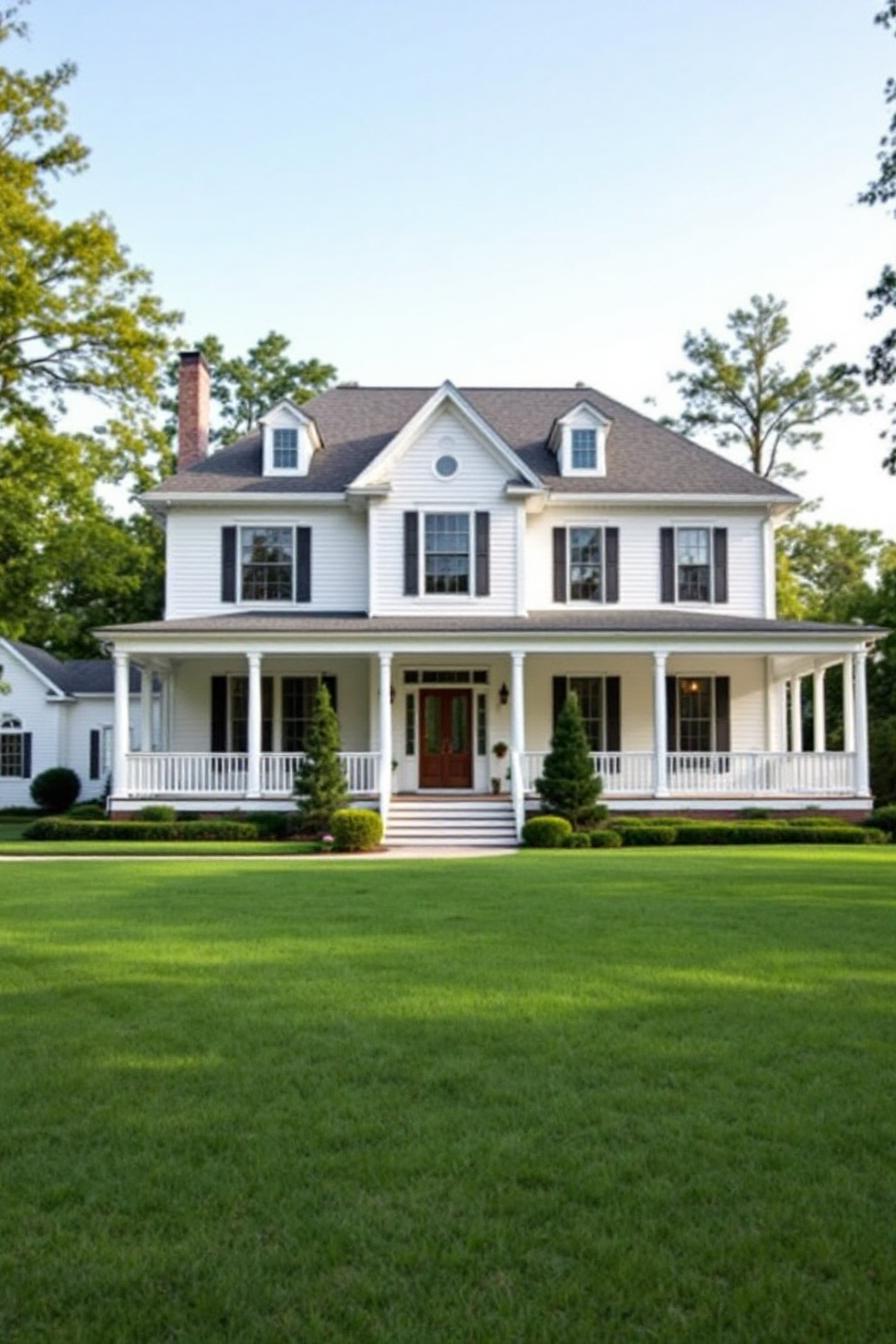 Traditional white Southern house with a wraparound porch