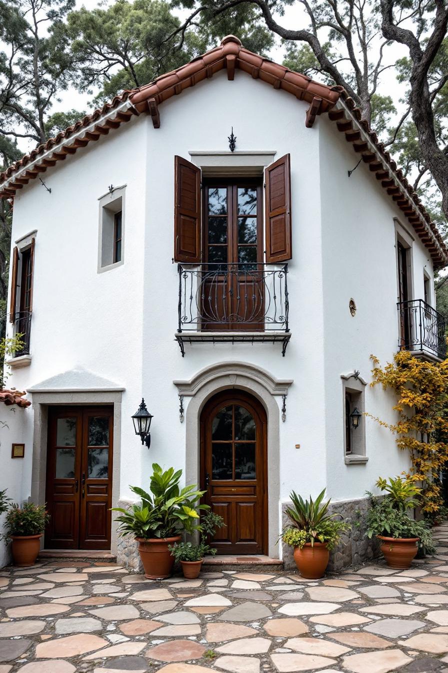 White stucco cottage with wooden shutters and terra cotta roof