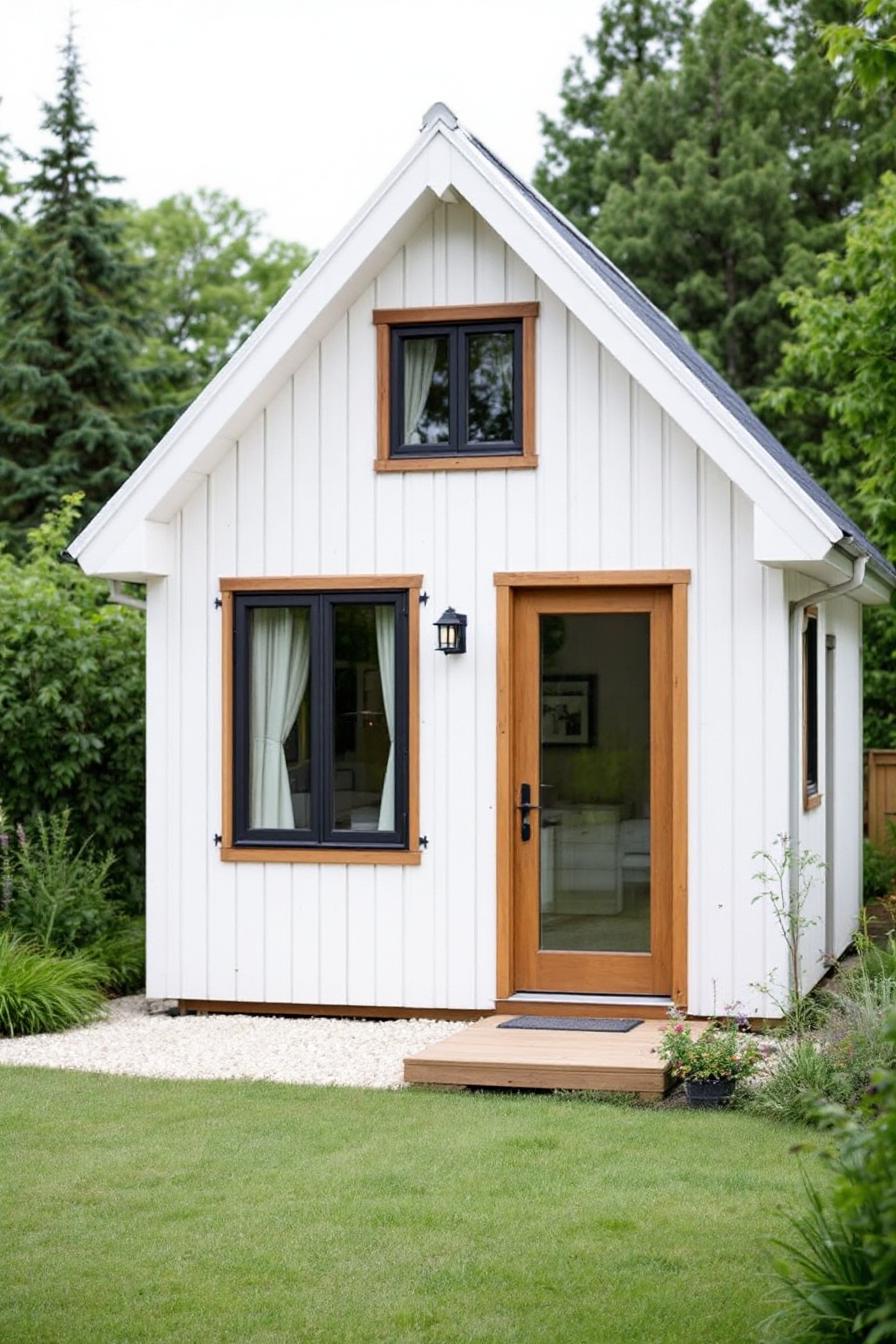 Tiny white cottage with wooden trim and lush green surroundings