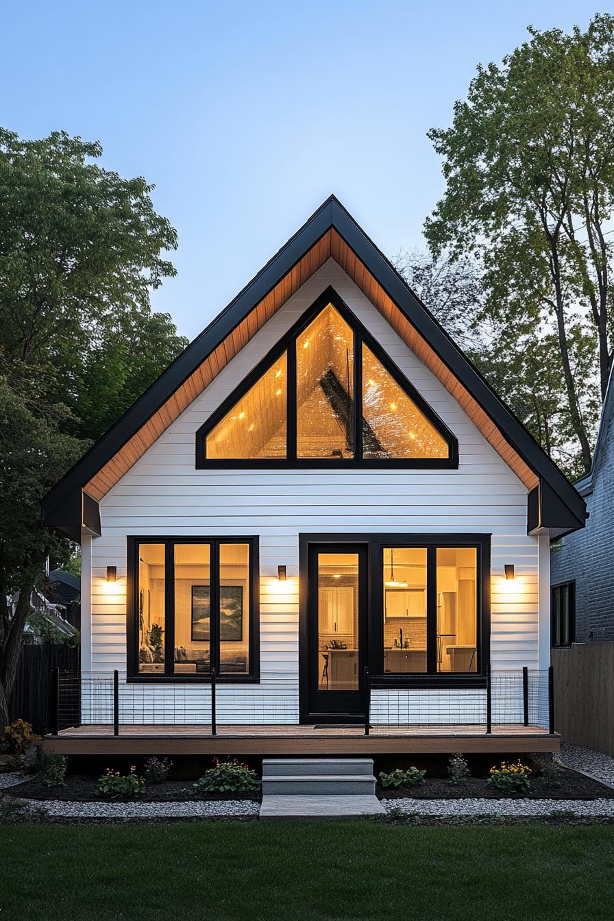 A-frame cottage with large windows at dusk