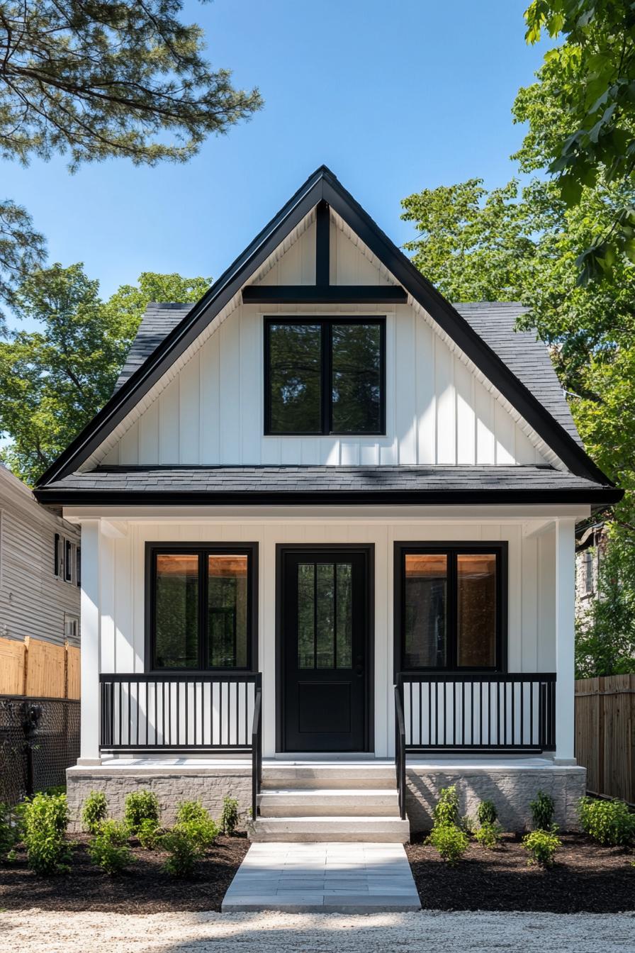 Compact black and white A-frame house with a porch