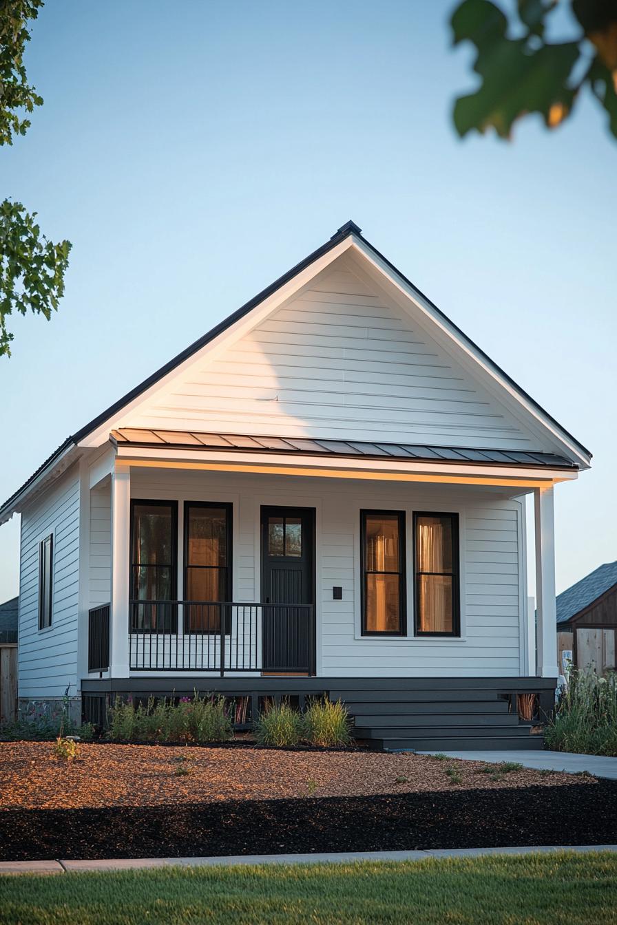 White cottage with black-trimmed windows and a small porch