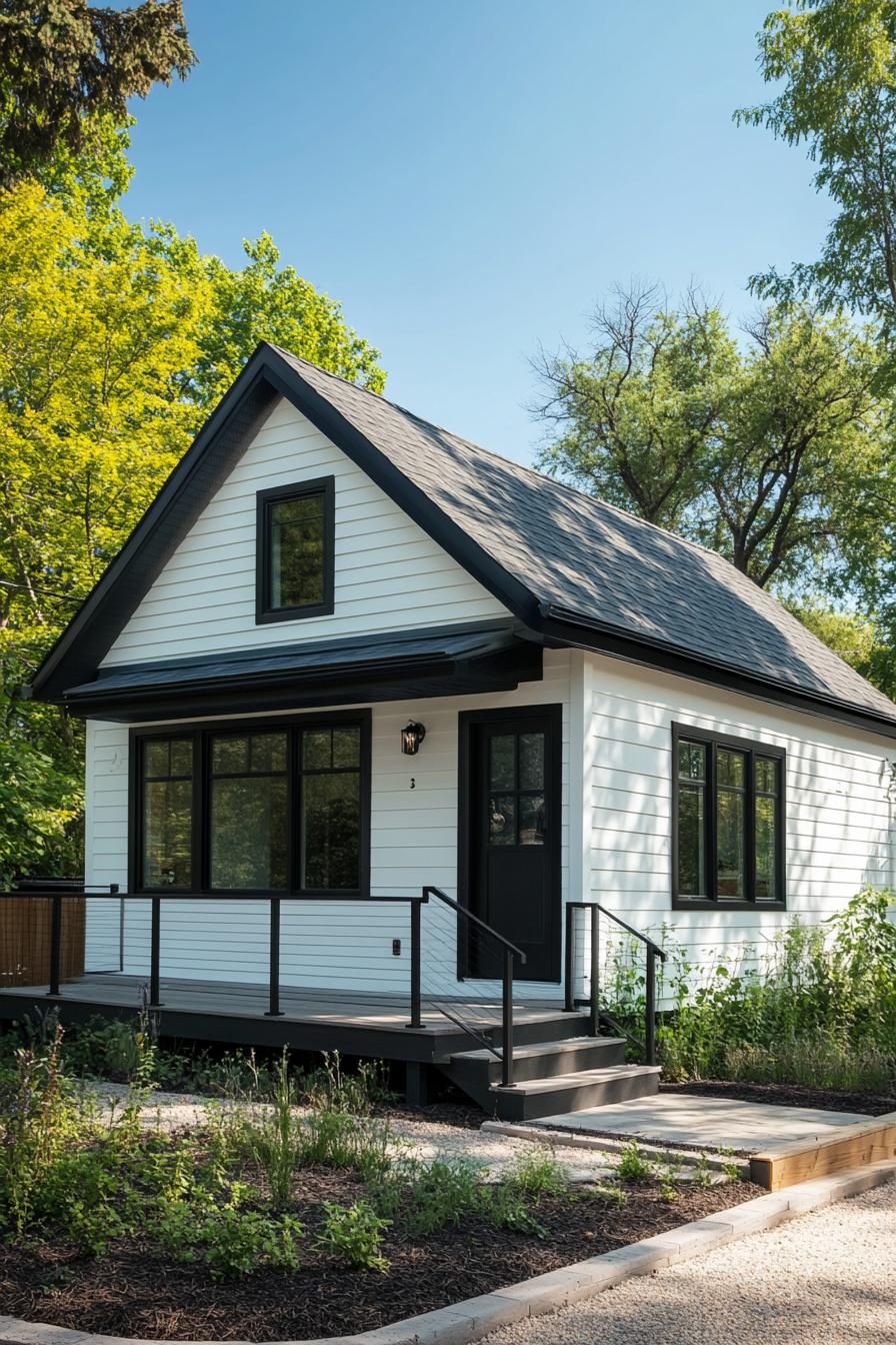 White cottage with a black roof set in a lush green surrounding