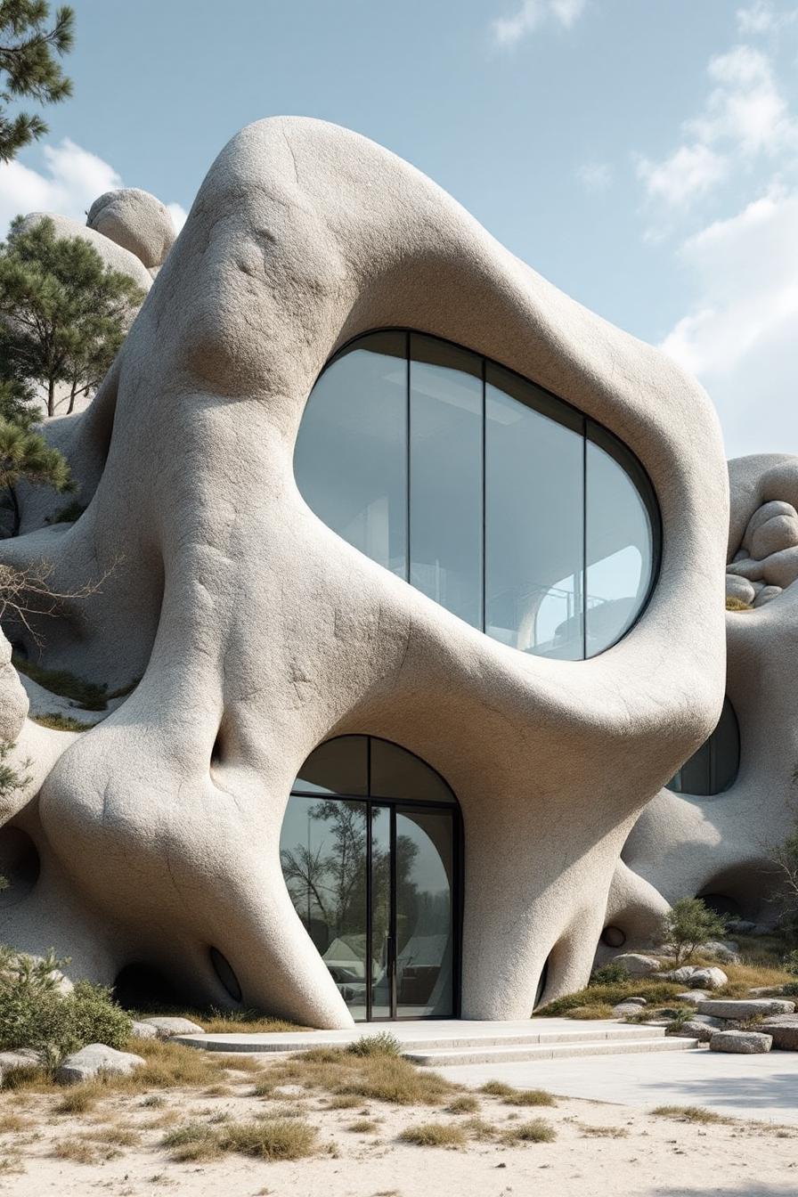 Organic stone architecture with large, curved windows