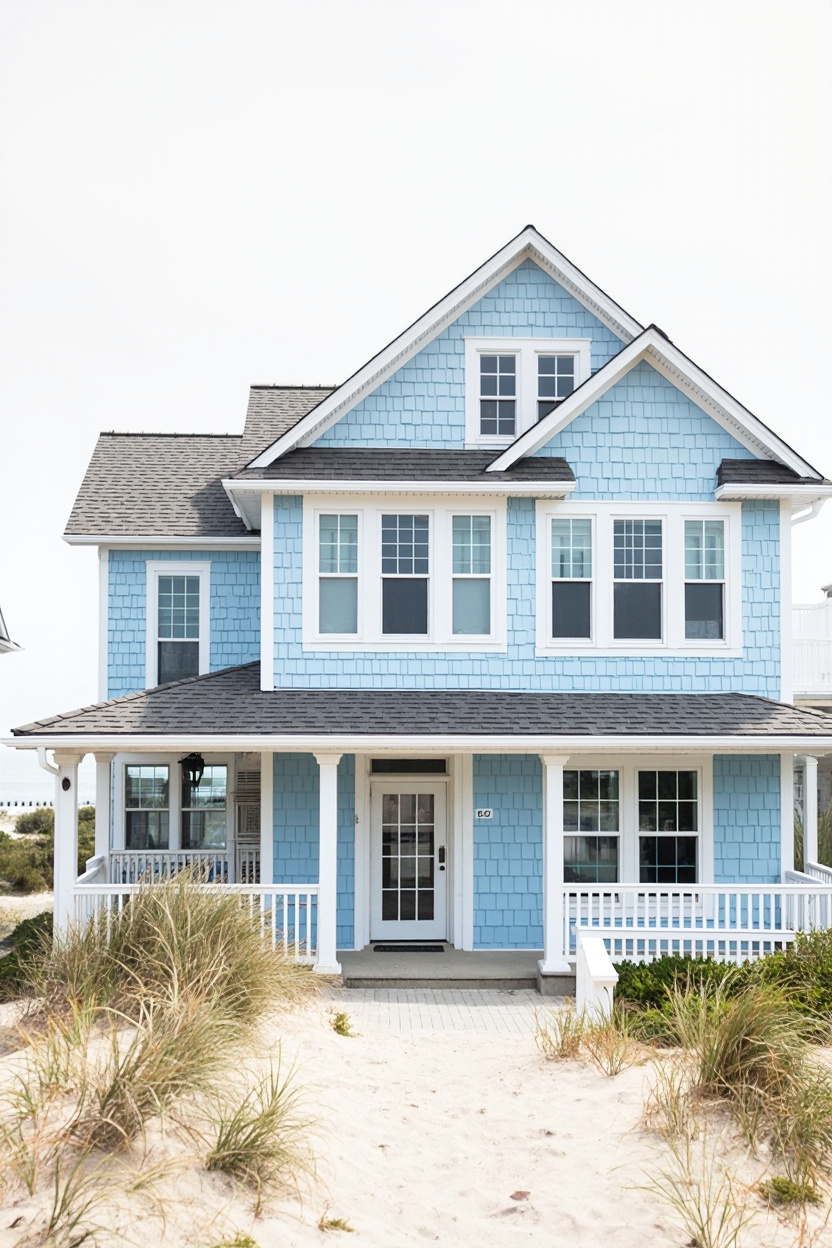 Charming blue beach house with a porch