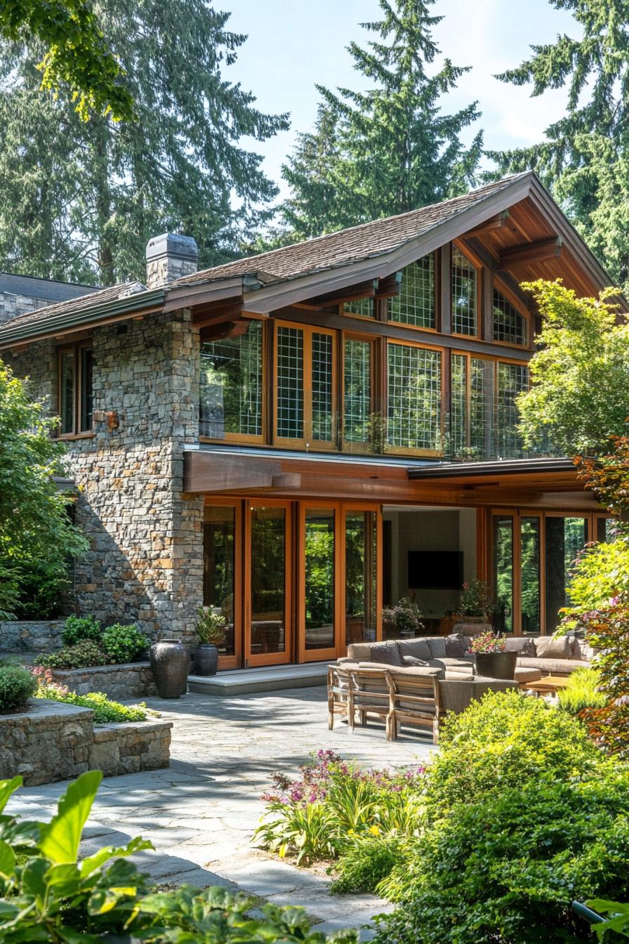 Wooden and stone cottage with large windows surrounded by greenery