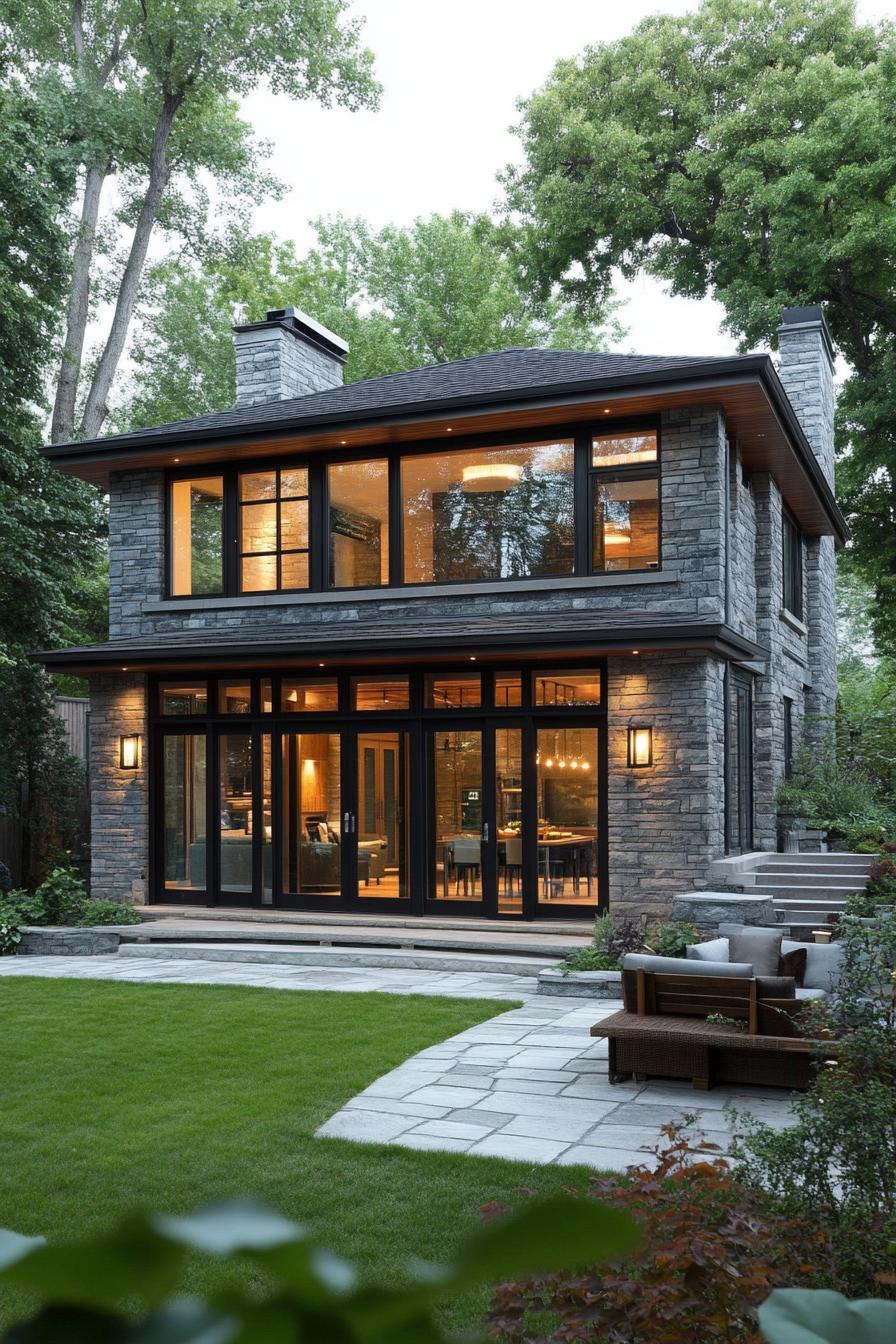 Modern stone house with large windows and lush green surroundings