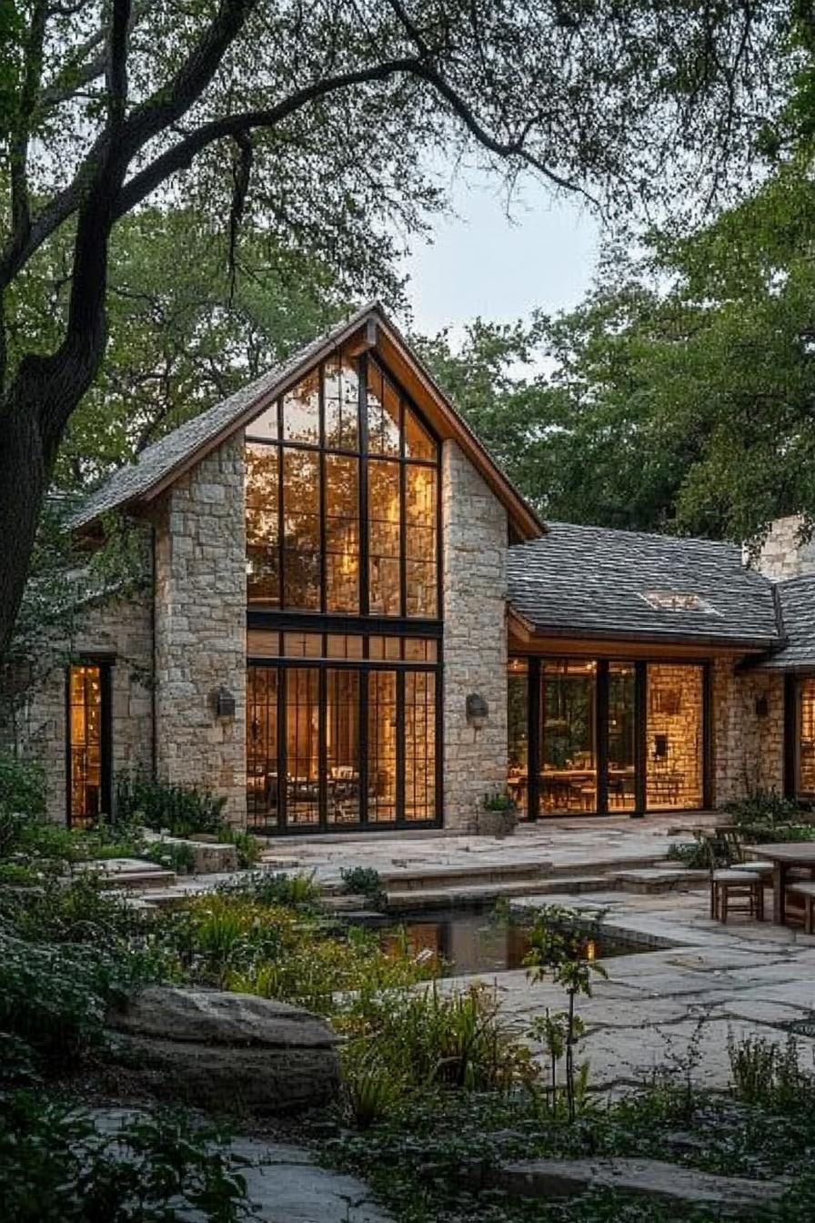 Stone cottage with large windows reflecting nature