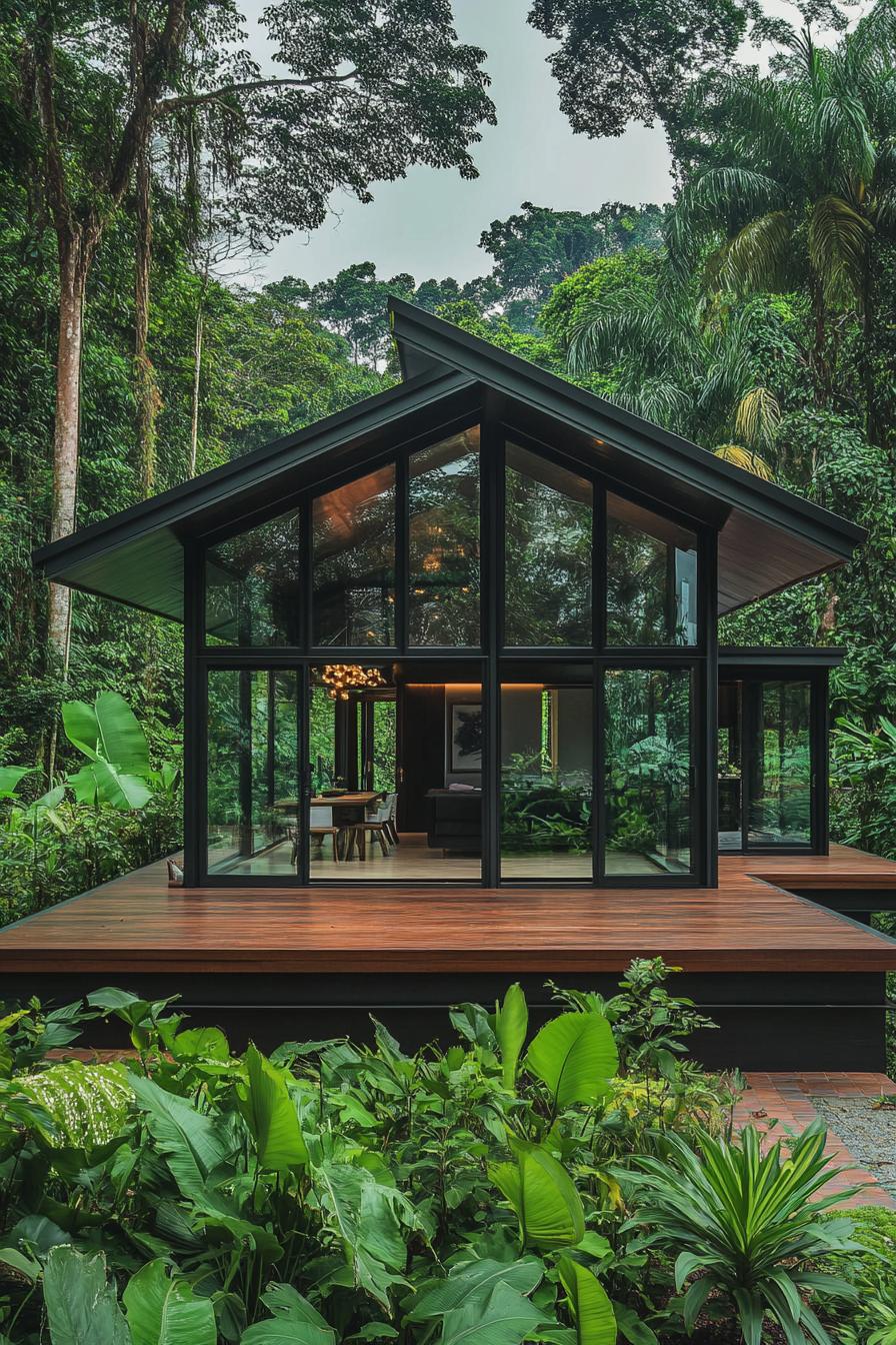 A modern glass cottage surrounded by dense tropical forest