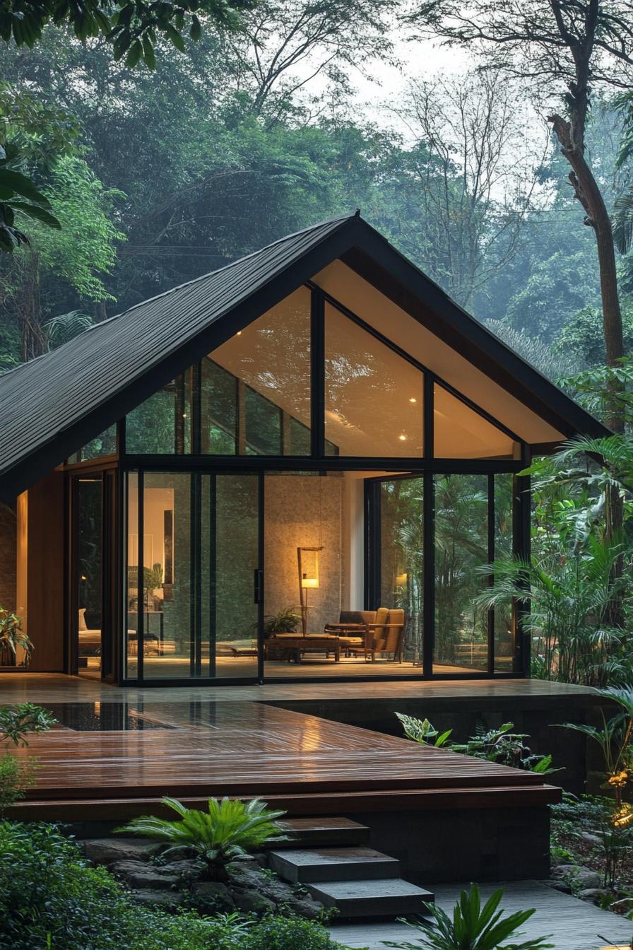 Modern A-frame house with large glass walls in a lush forest setting