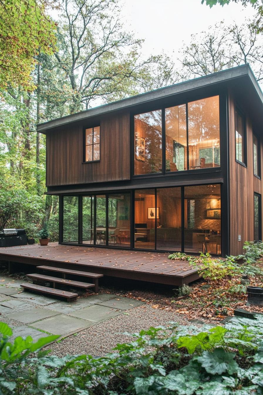 Wooden house with large windows surrounded by trees