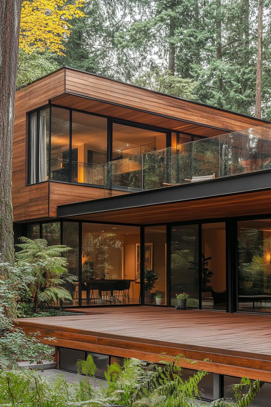 Two-Story Modern House with Glass Facade in a Forest