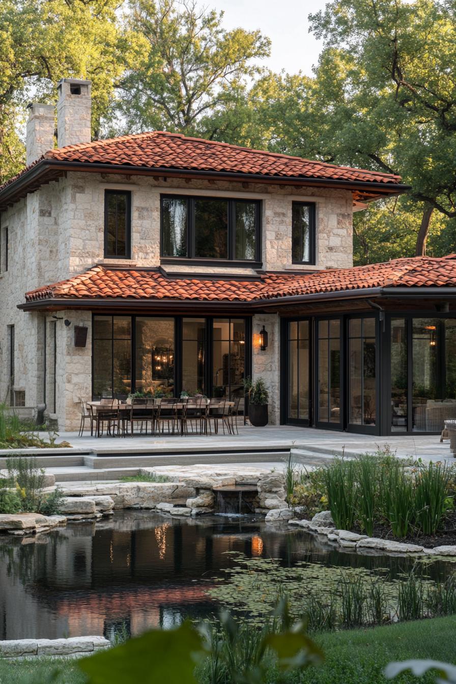 Italian villa with red roof and pond