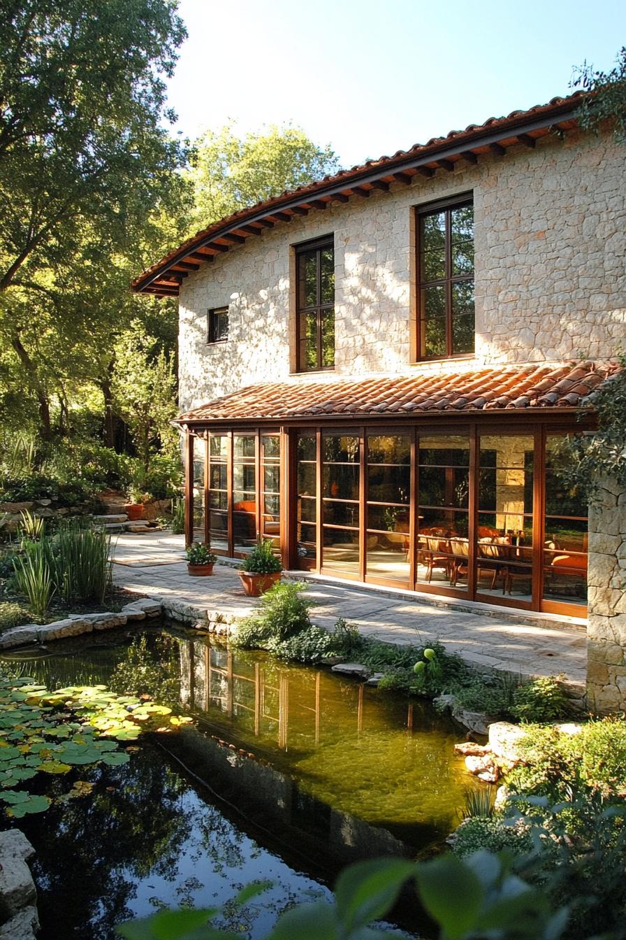 Villa with stone walls next to a pond