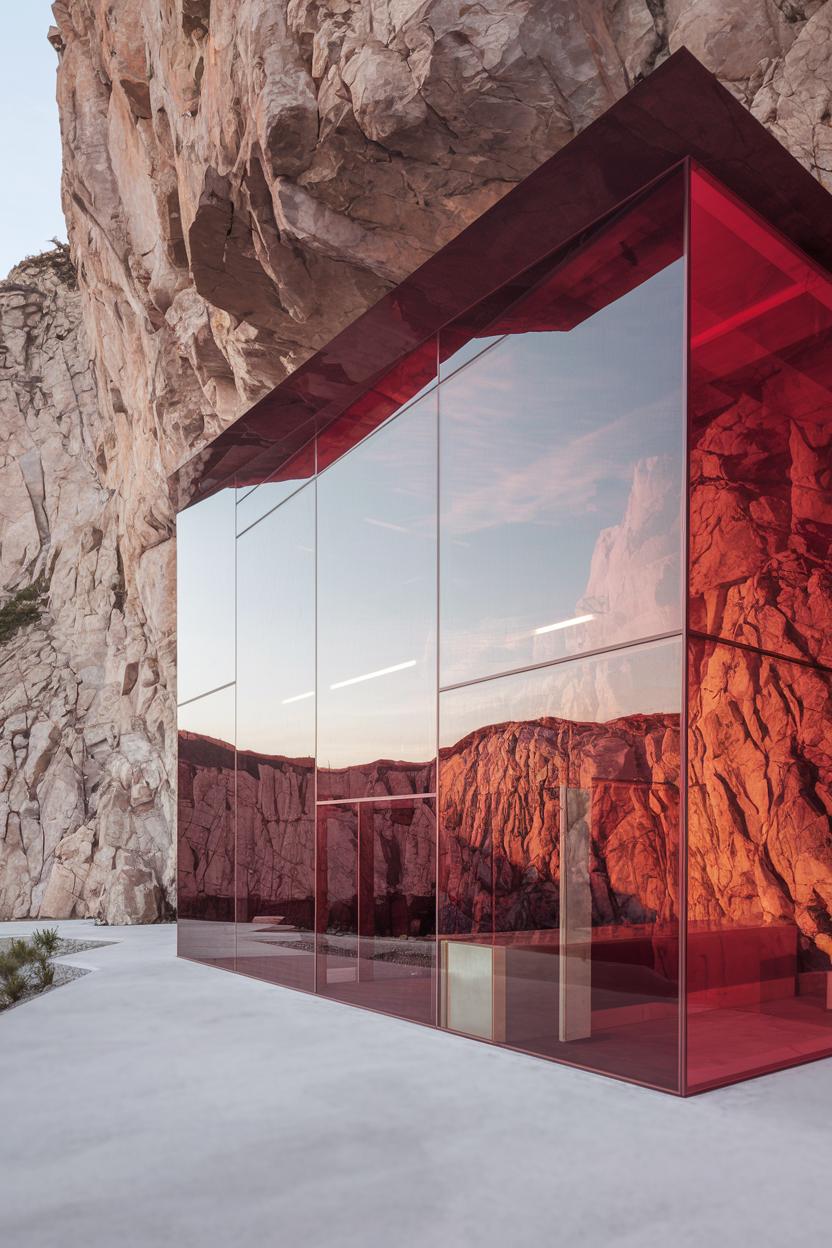 Modern glass house built into a rocky cliff