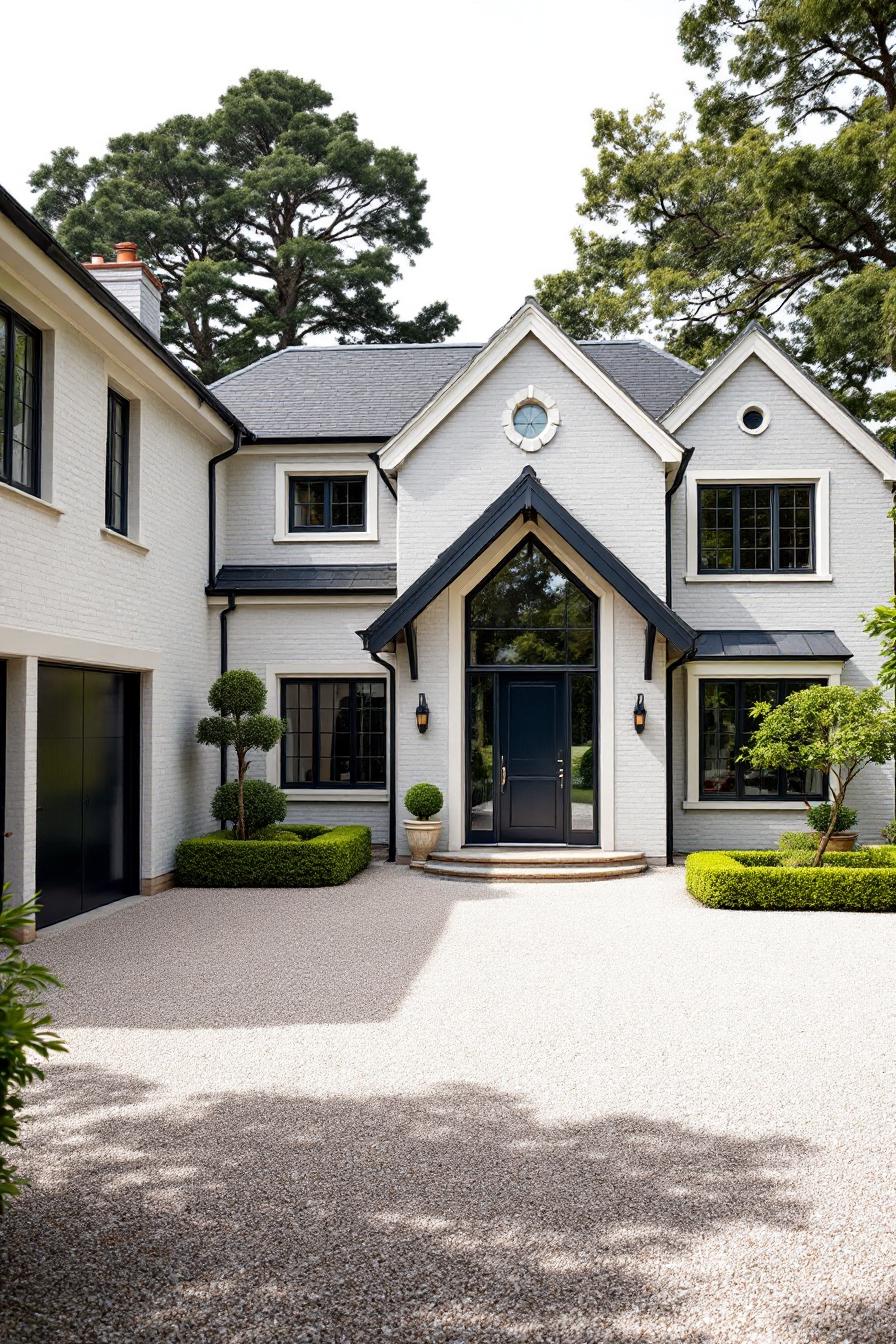 Charming entrance of a white brick house