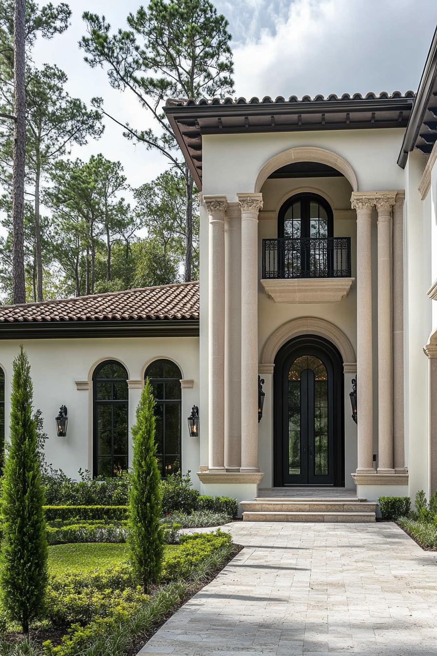 Grand villa entrance with towering pillars