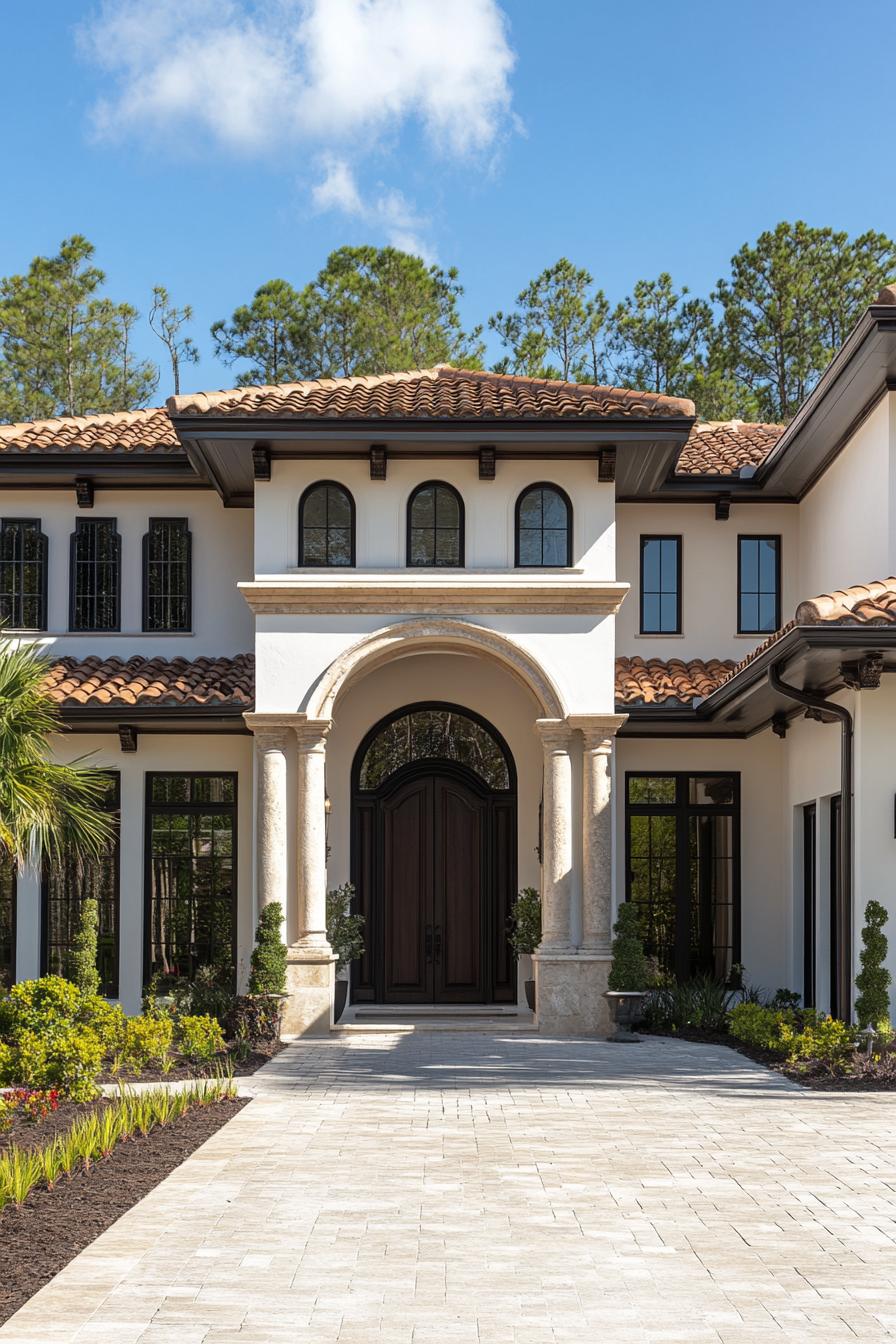 Majestic villa entrance with arched doorway and pillared columns