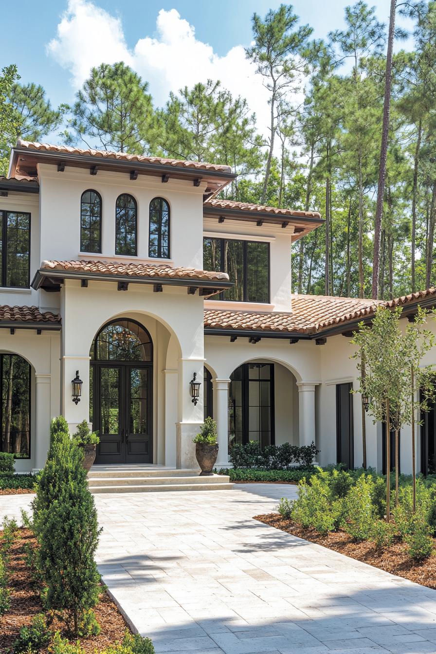 Modern Italian villa surrounded by tall pine trees, featuring arched windows and terracotta roof