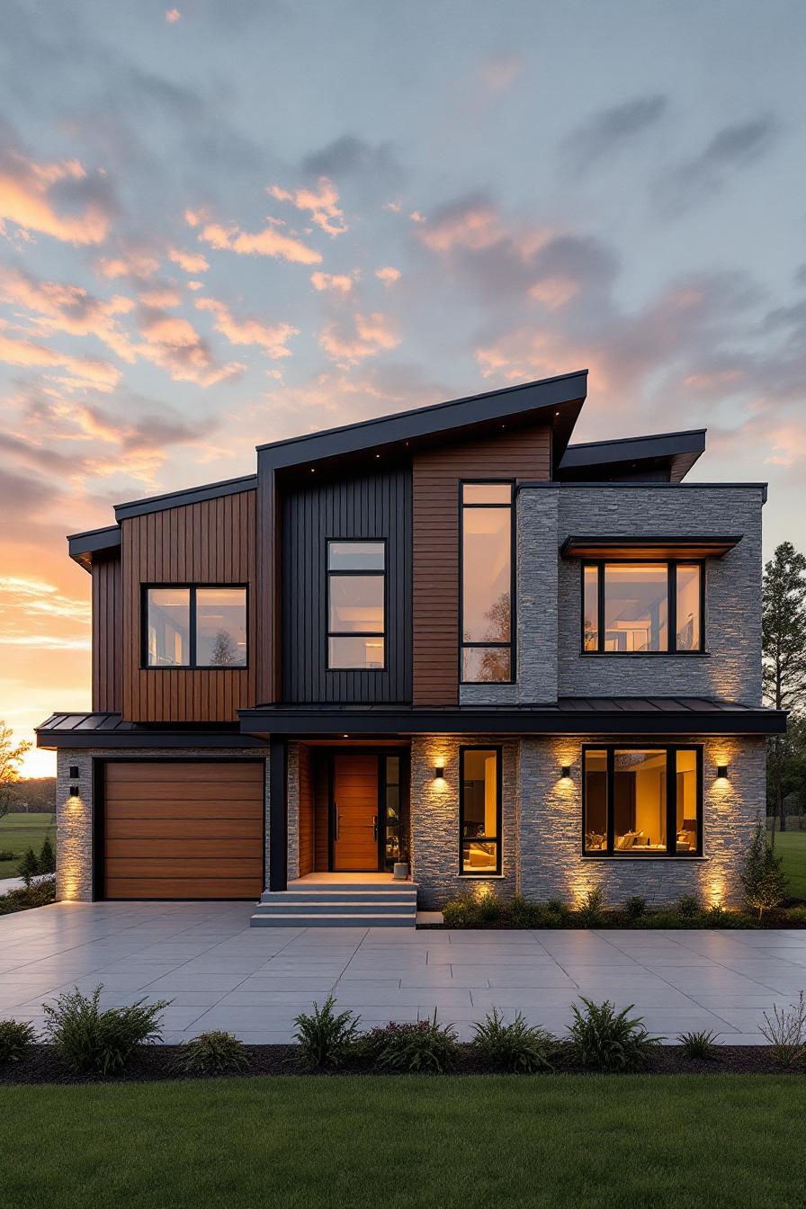 Modern house with asymmetrical roof and sunset backdrop