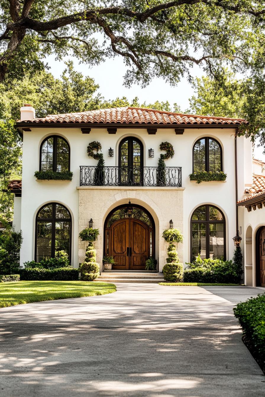 Italian villa with arched windows and lush greenery