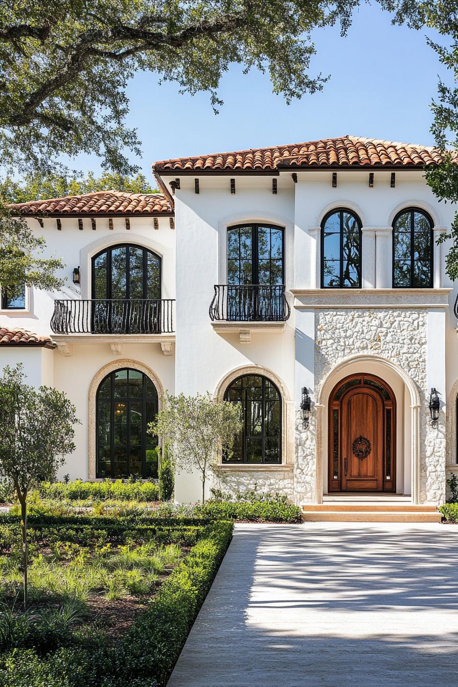 Chic Italian villa with arched windows and wooden door