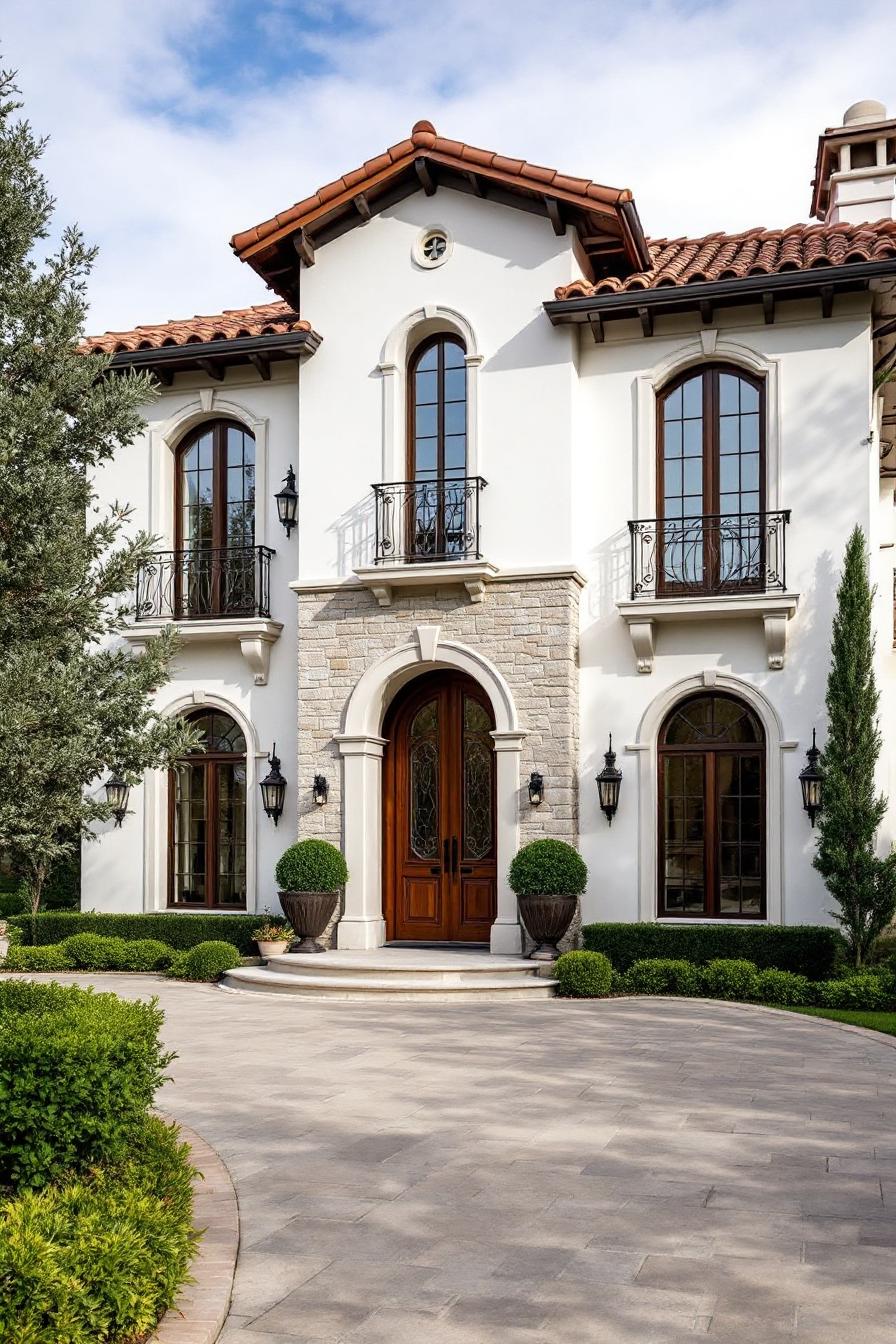 Facade of a modern Italian villa with arched windows and terracotta roof