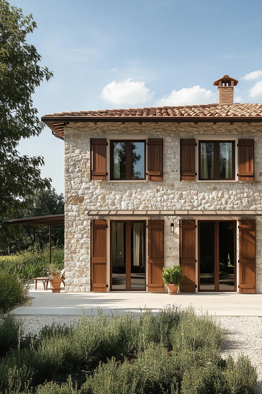 Two-story stone villa with wooden shutters and terra cotta roof