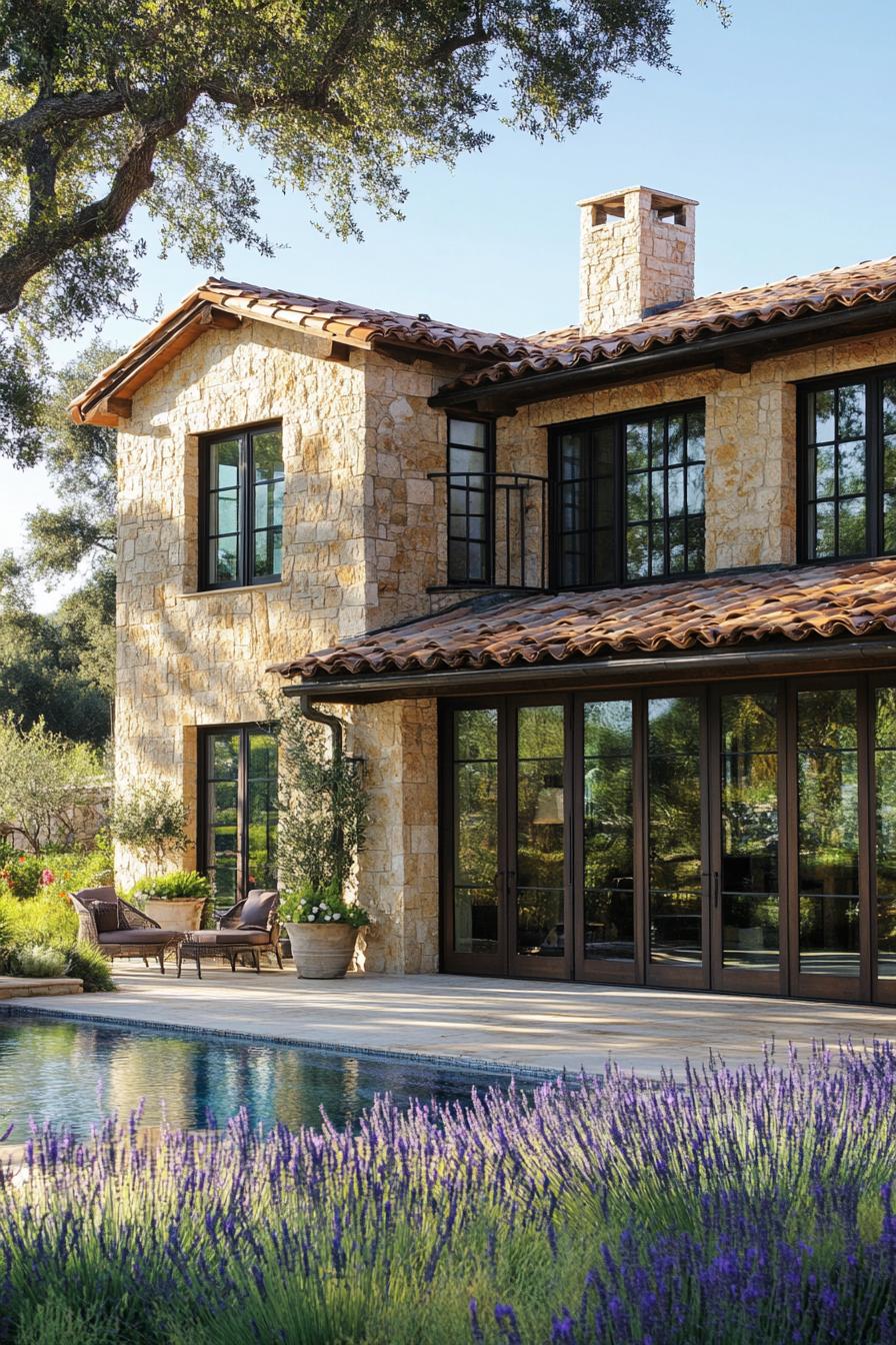 Charming villa with stone exterior and vibrant lavender