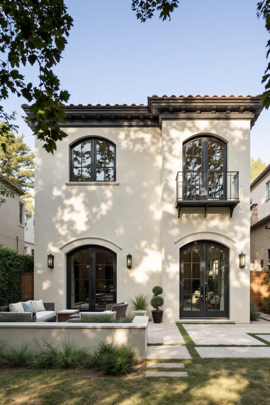 Modern Italian villa with arched windows and a cozy patio