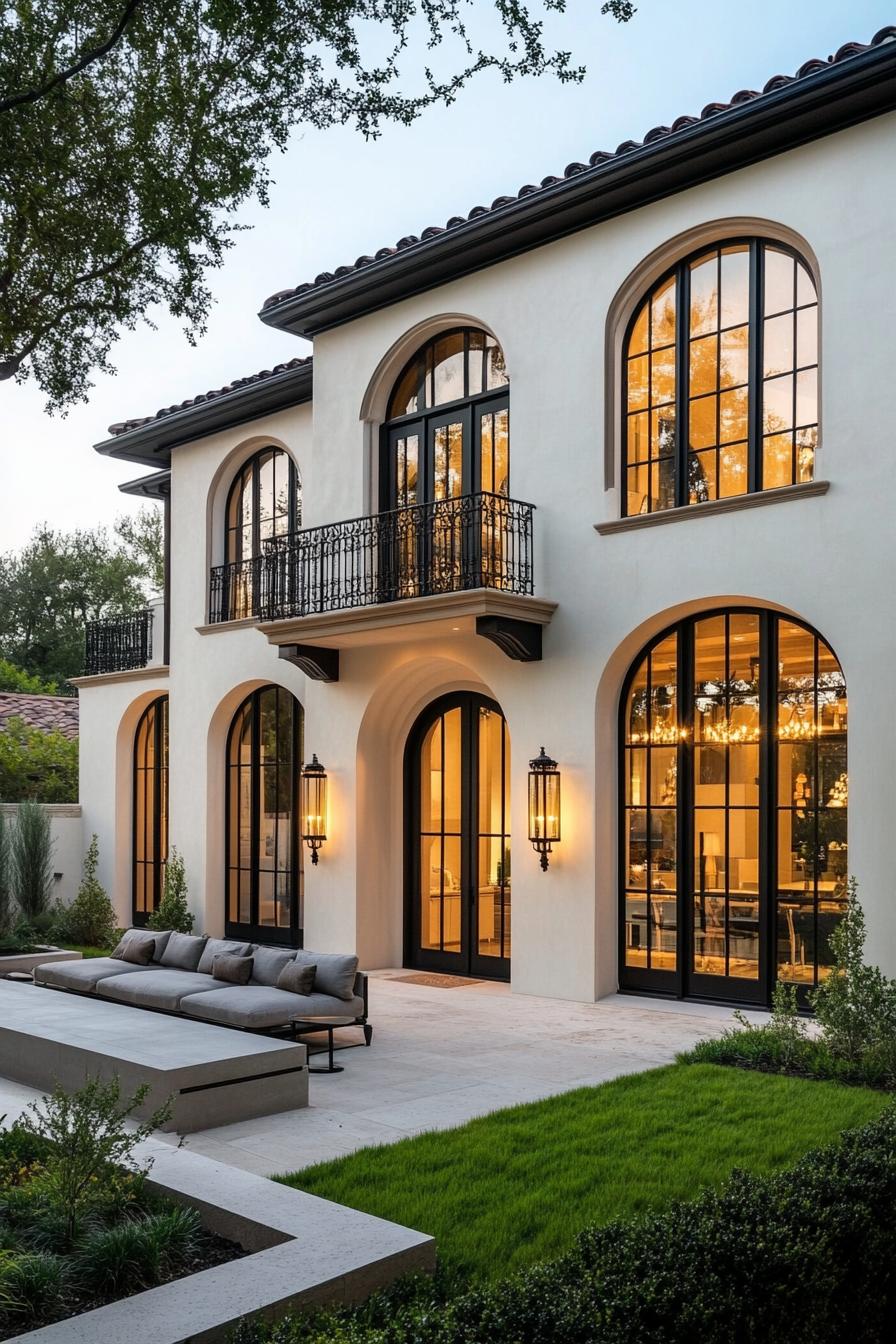 Modern Italian villa with arched windows and balconies