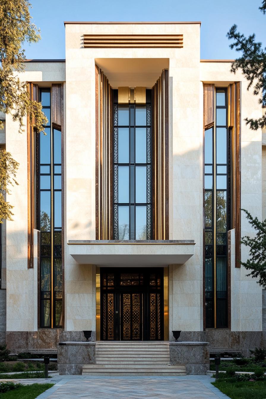 Art Deco entrance with tall windows and geometric design