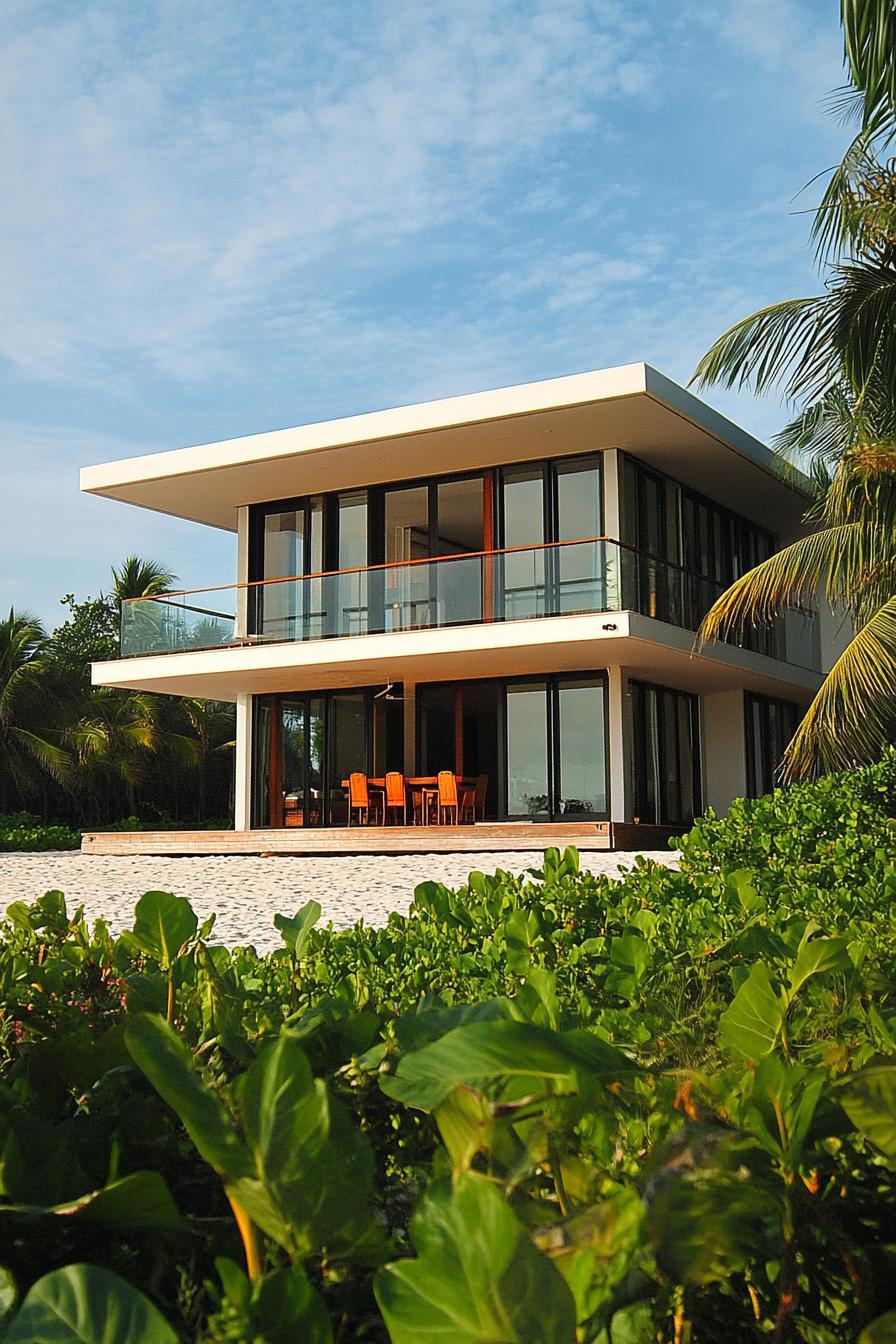 Modern beachfront home with large windows and a terrace