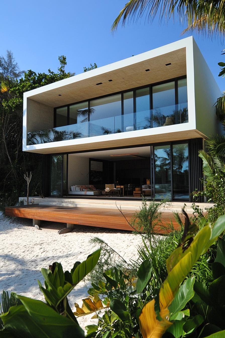 Modern beachfront home with large windows and sandy front yard