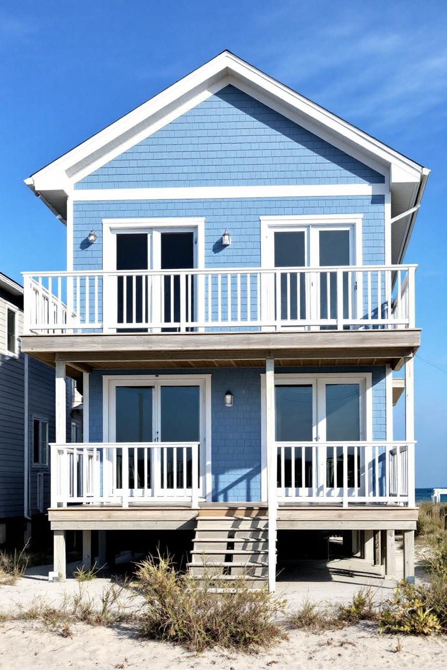 Blue beach house with balconies and stairs on sandy front