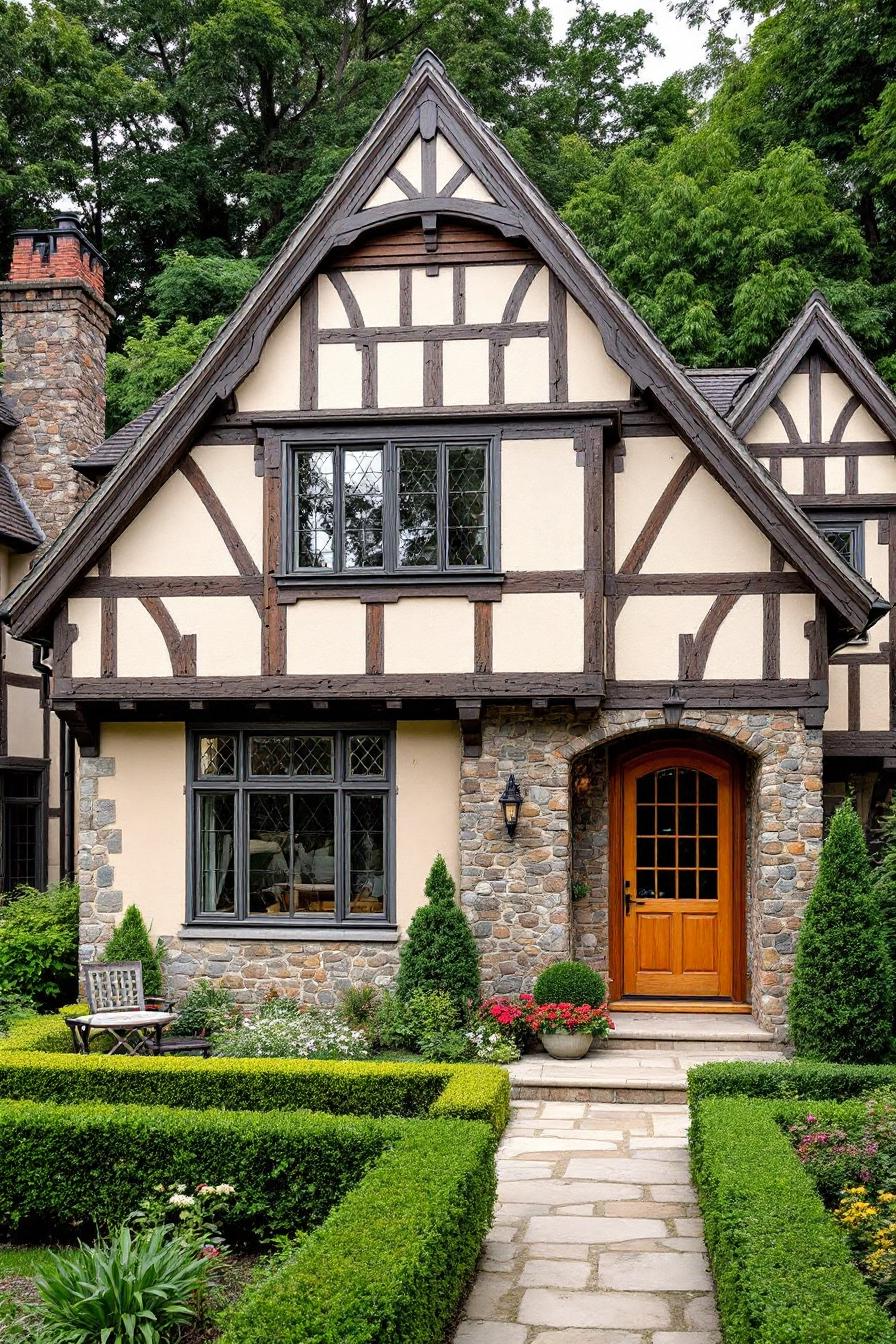 Charming Tudor-style house with stone and timber details, surrounded by lush greenery