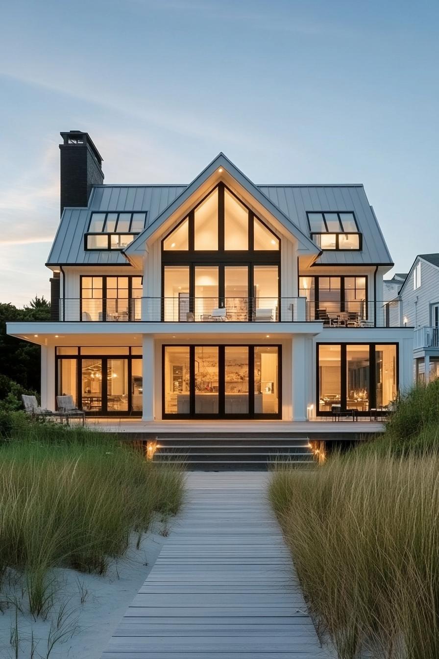 Elegant coastal home at twilight with large windows