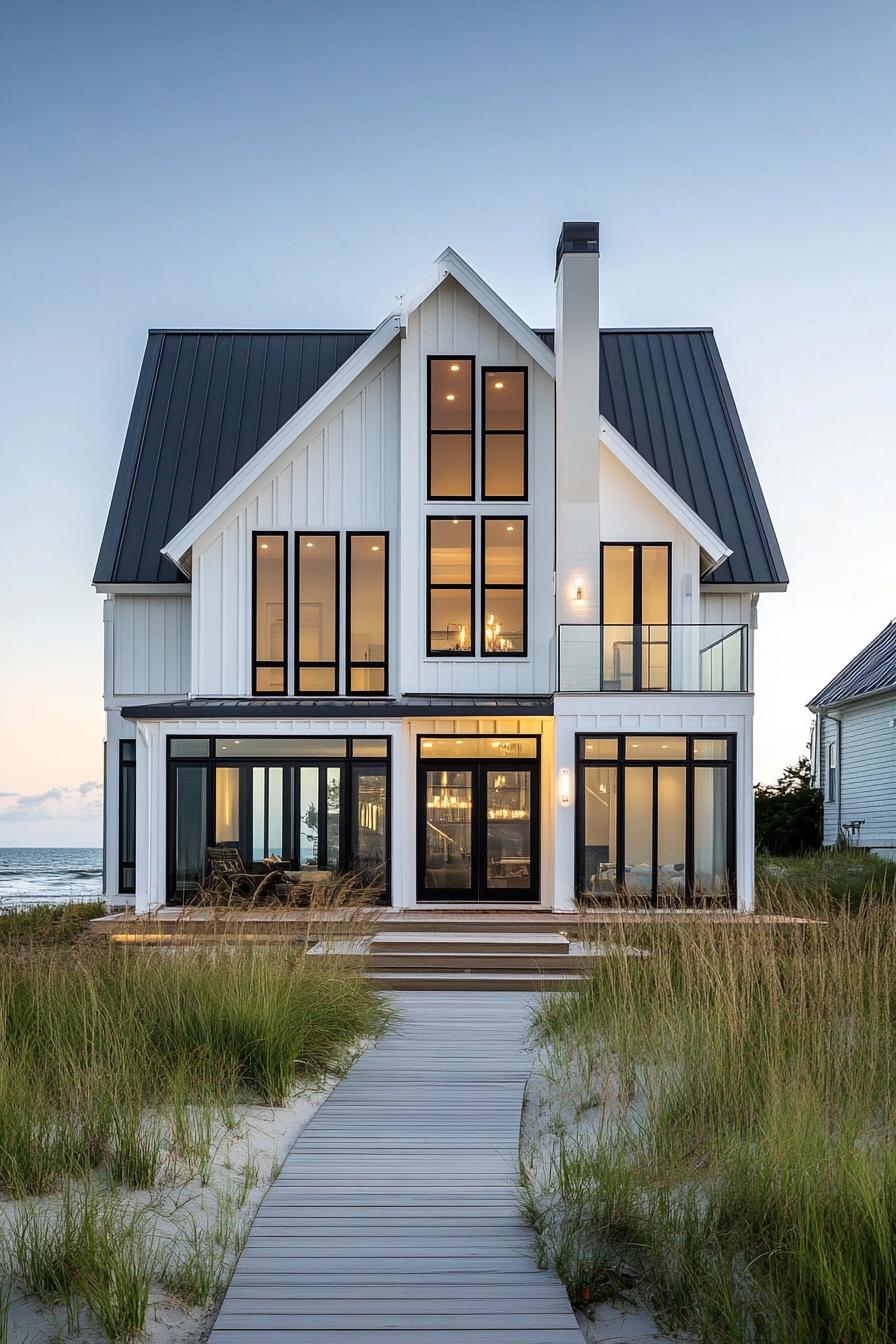 Modern coastal house with large windows and boardwalk