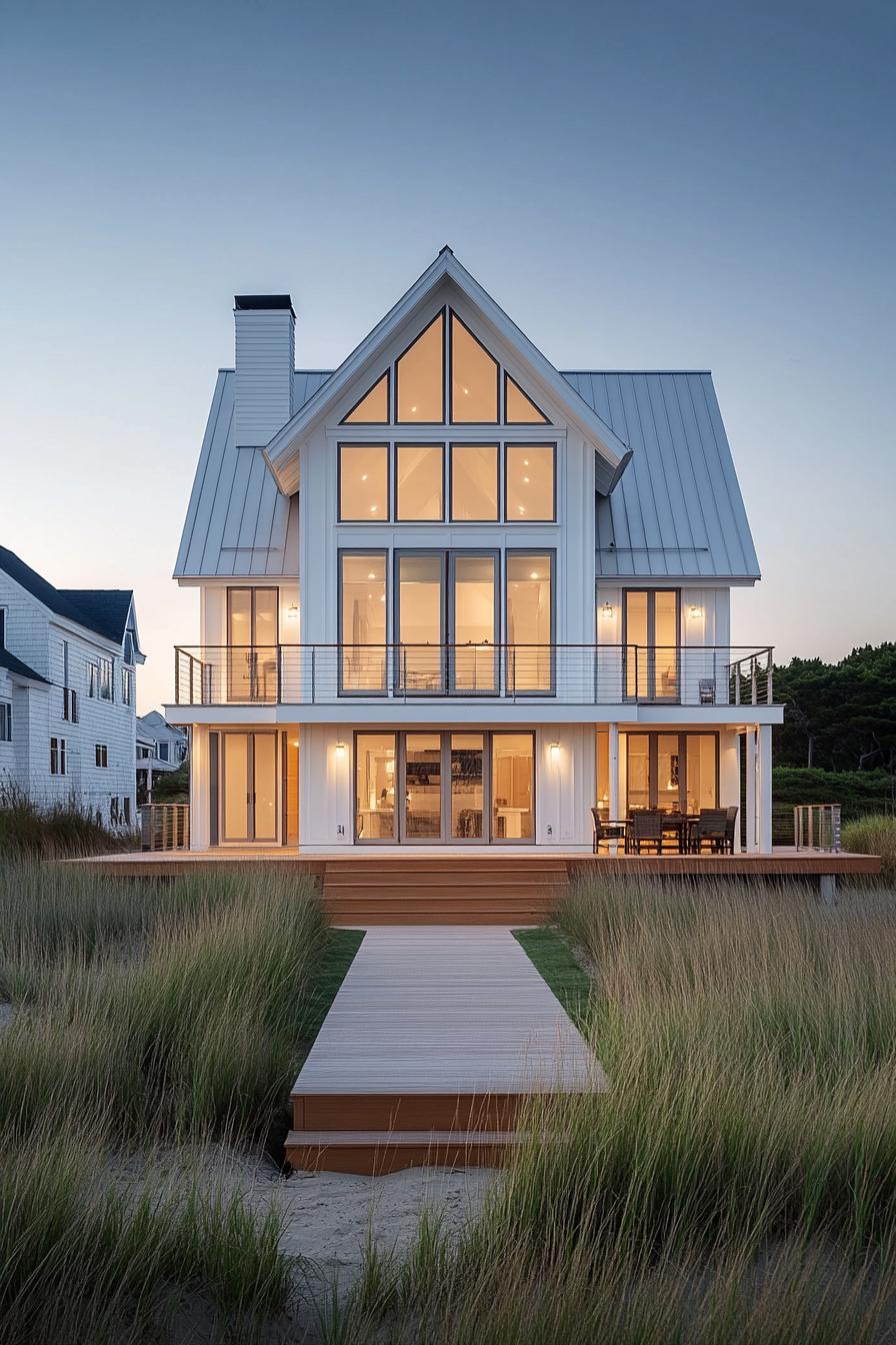 Modern coastal house with large windows and boardwalk