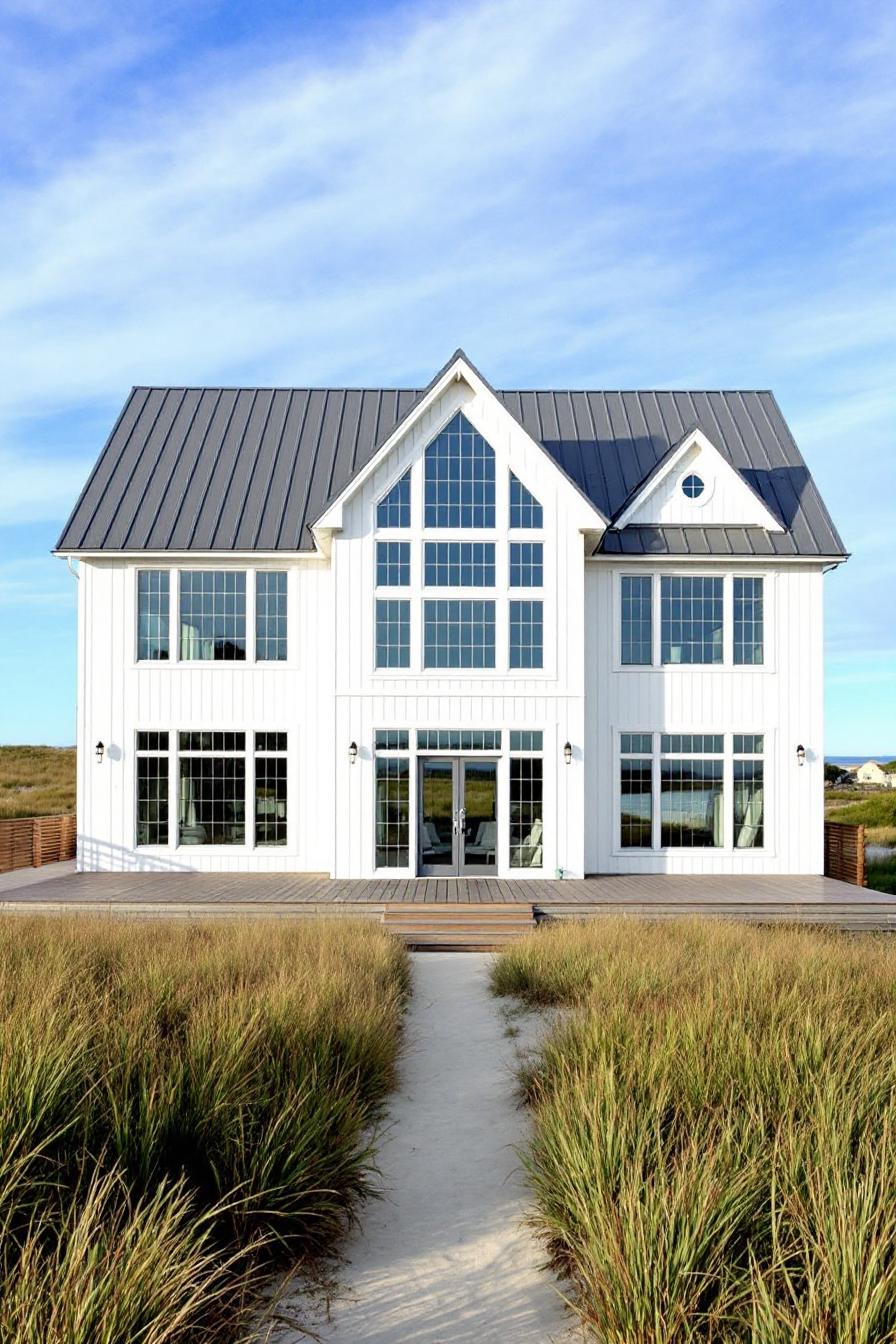 Modern coastal house with large windows and a metal roof