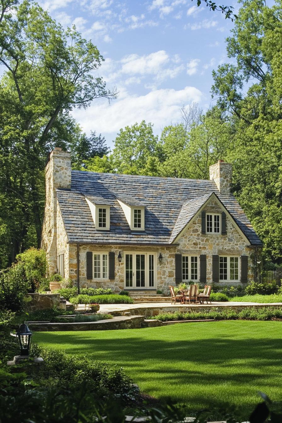 Charming stone cottage surrounded by lush greenery